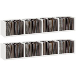 HOMCOM Wall Mount 84 CD / 56 DVD/Blu-ray/ Media Storage Rack 4 Cubes, Wooden Shelf Organiser Unit Bookcase Display, Set of 2, White