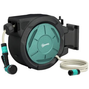 Outsunny Retractable Hose Reel Wall Mounted, 20+2m Garden Hose Pipe Reel with Lock, Auto Rewind, 7 in 1 Spray Nozzle, Includes Wall Fixings, 180° Swivel, Outdoor Watering, 54 x 20 x 39 cm, Black