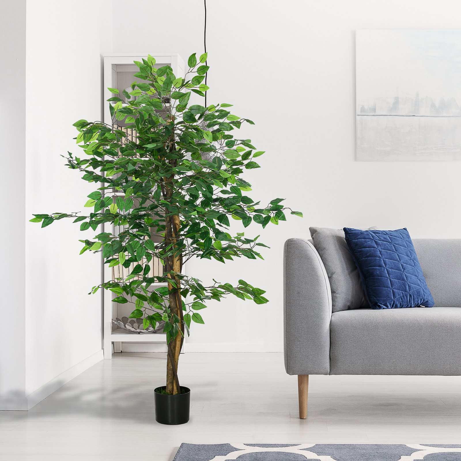 HOMCOM Artificial Ficus Tree, with Weighted Plant Pot - Green - Image 6