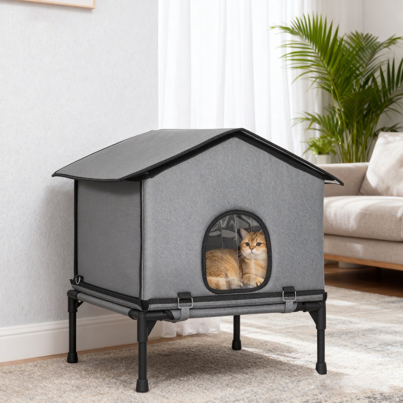 PawHut Outdoor Cat House, Waterproof Insulated Cat Kennel with Elevated Base, Foldable Feral Kitty Shelter for Kittens, Grey - Image 9