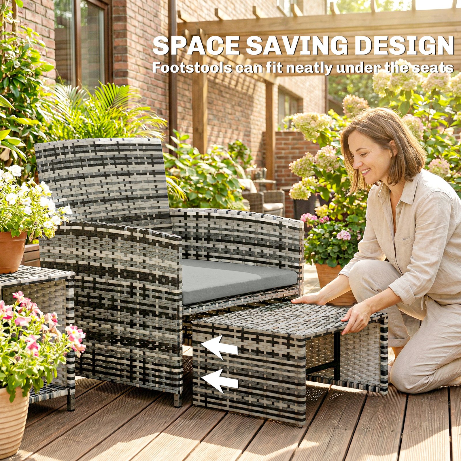 Outsunny 6 Piece Rattan Garden Furniture, Space-Saving Patio Furniture Set with Nesting Tables, Chairs, Stools, Cushions, Grey - Image 4