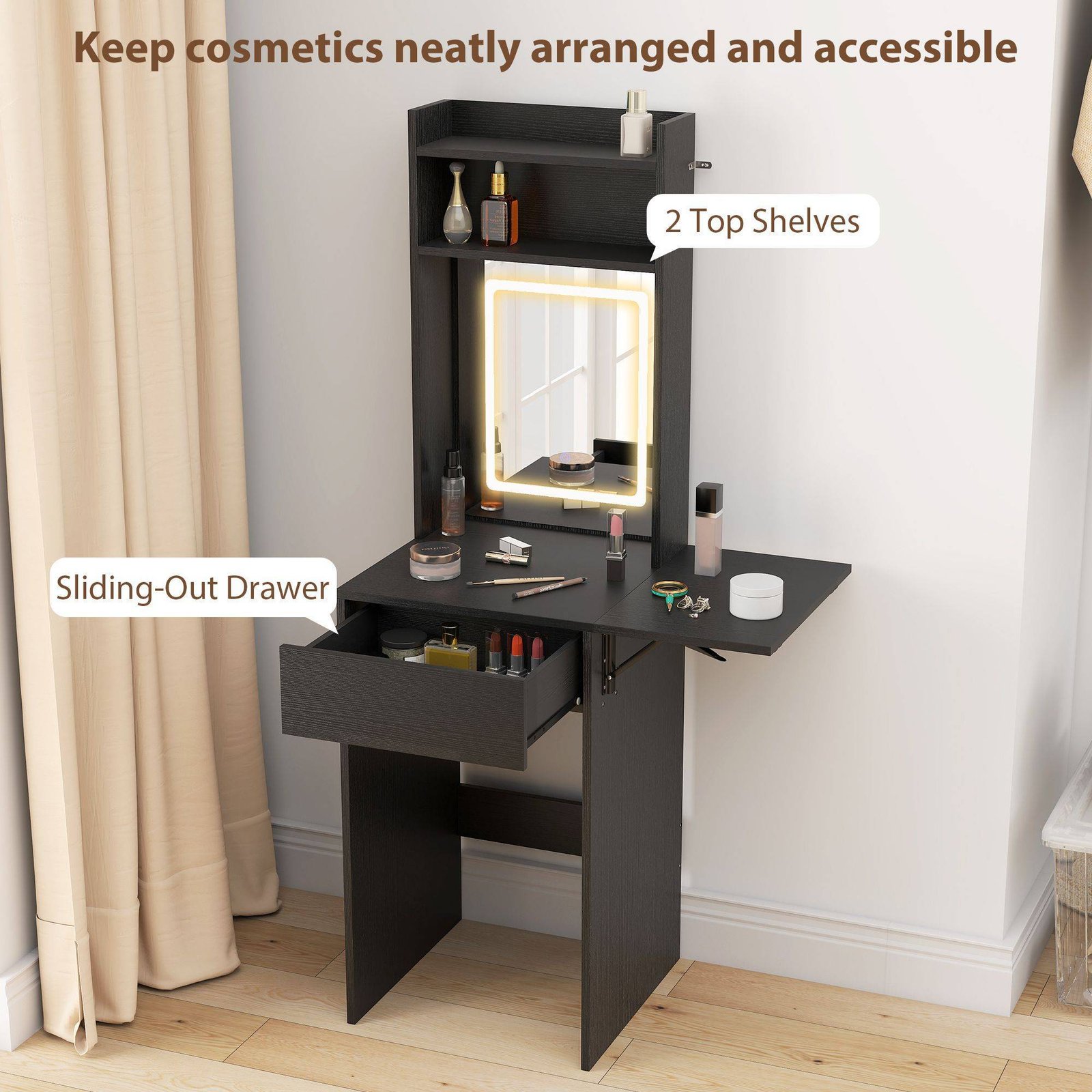 HOMCOM Small Vanity Desk with Mirror and LED Lights, Compact Dressing Table with Drop Leaf, Open Shelves and Drawer, Black - Image 6