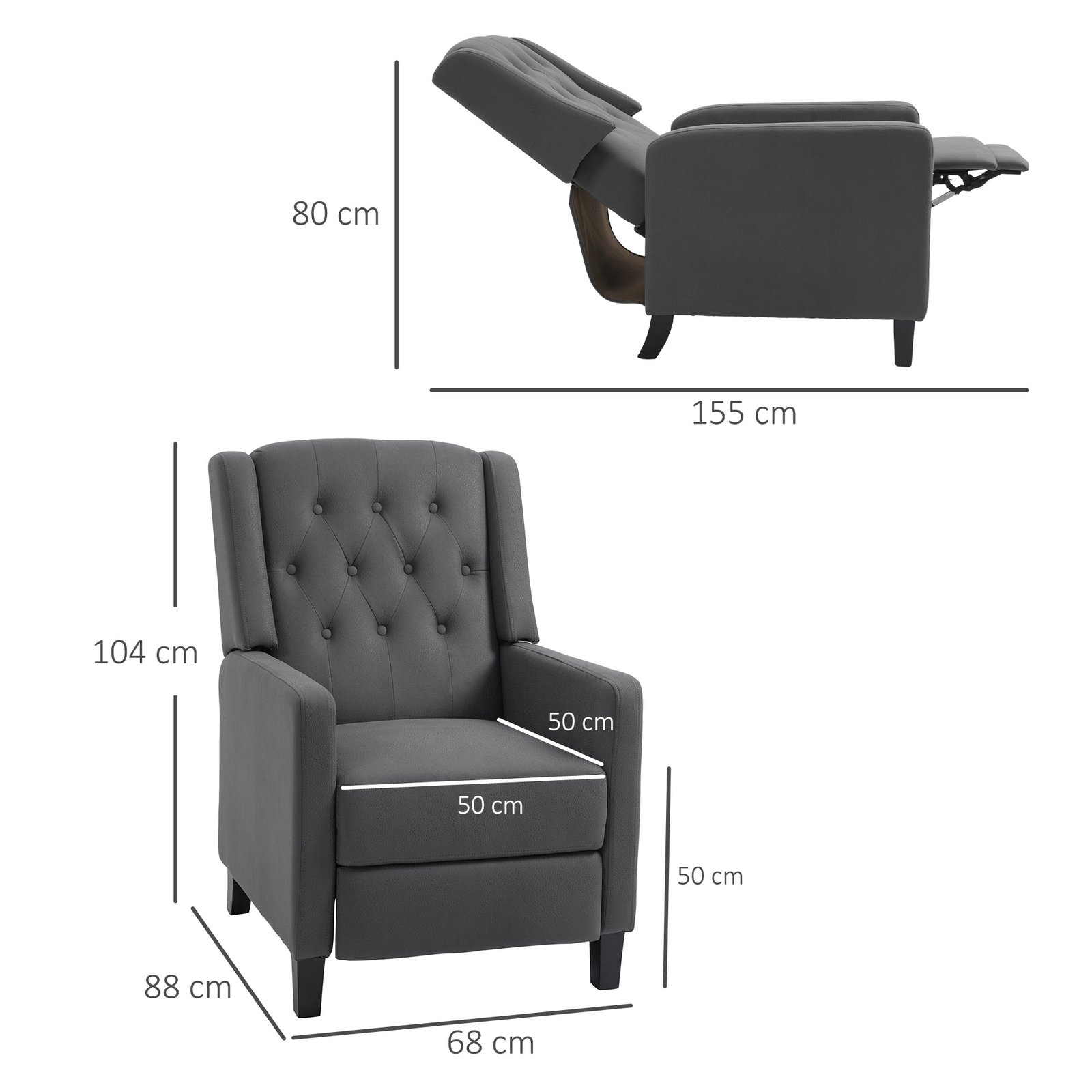 HOMCOM Wingback Recliner Chair for Home Theater, Button Tufted Microfibre Cloth Reclining Armchair with Leg Rest, Deep Grey - Image 3