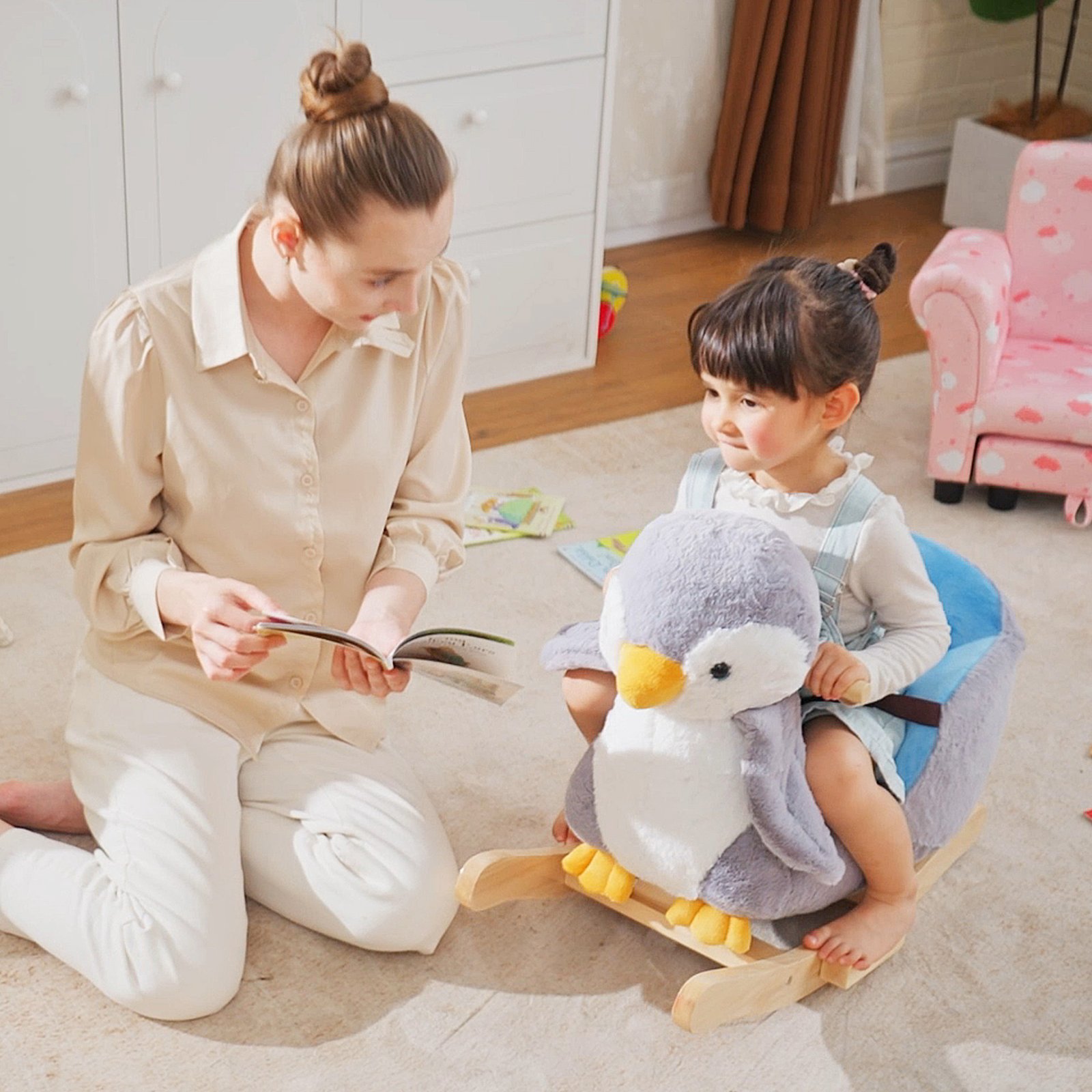 HOMCOM Children Kids Animal Rocking Horse Penguin Plush Musical Button 32 Songs Kid Rocker for 18+ Months - Image 2