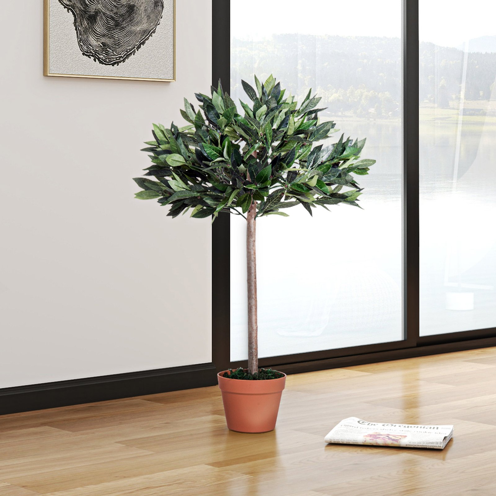 Outsunny 3ft Artificial Laurel Tree Indoor Plant Greenery for Home Office Potted in An Orange Pot - Image 6