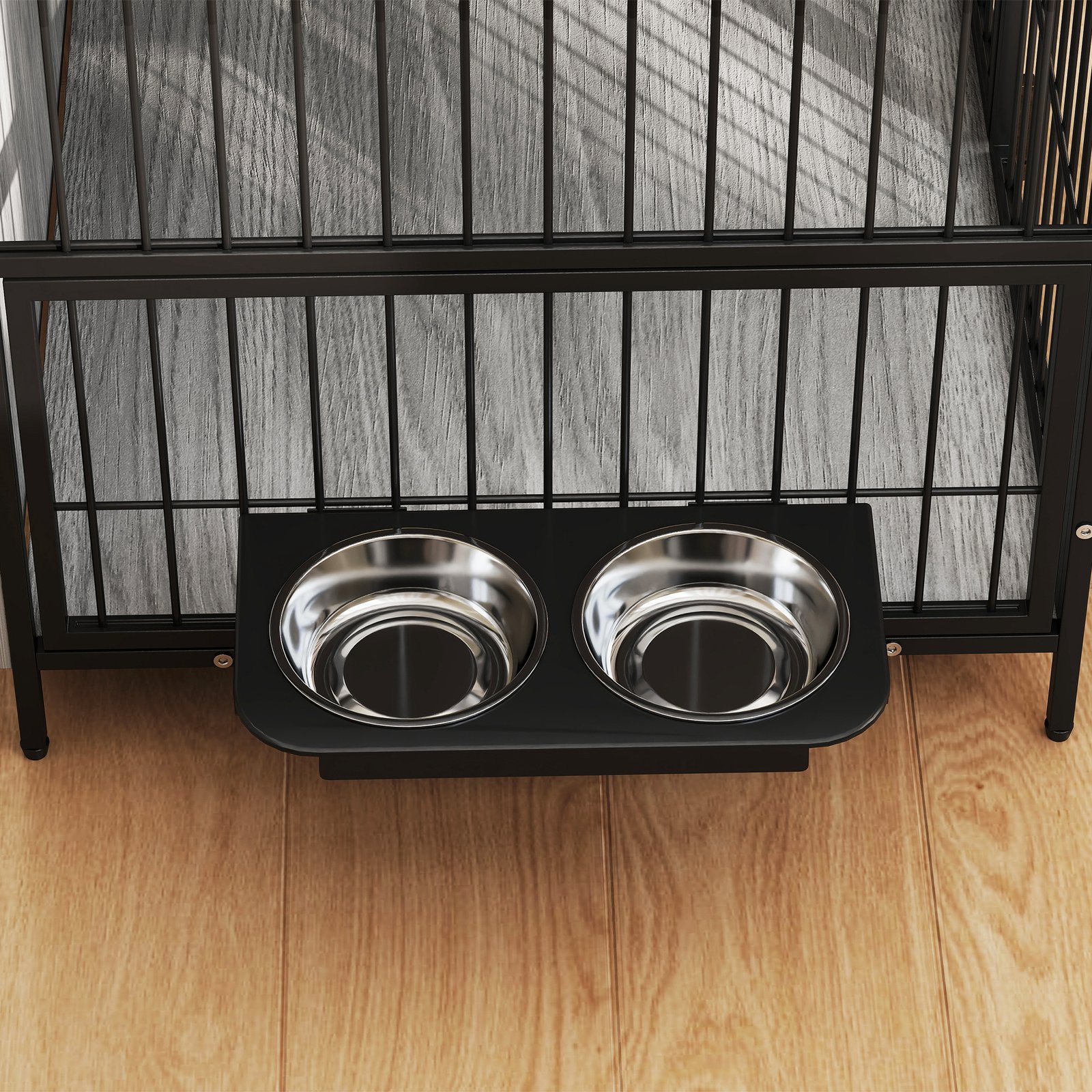 PawHut Dog Crate Furniture with Rotating Bowl Holder, 2 Bowls, 2 Doors, for Medium Dogs, 80 x 56 x 76.5 cm, Grey - Image 9