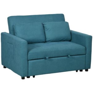 HOMCOM Loveseat Sofa Bed, Convertible Bed Settee with 2 Pillows, Side Pockets, Blue