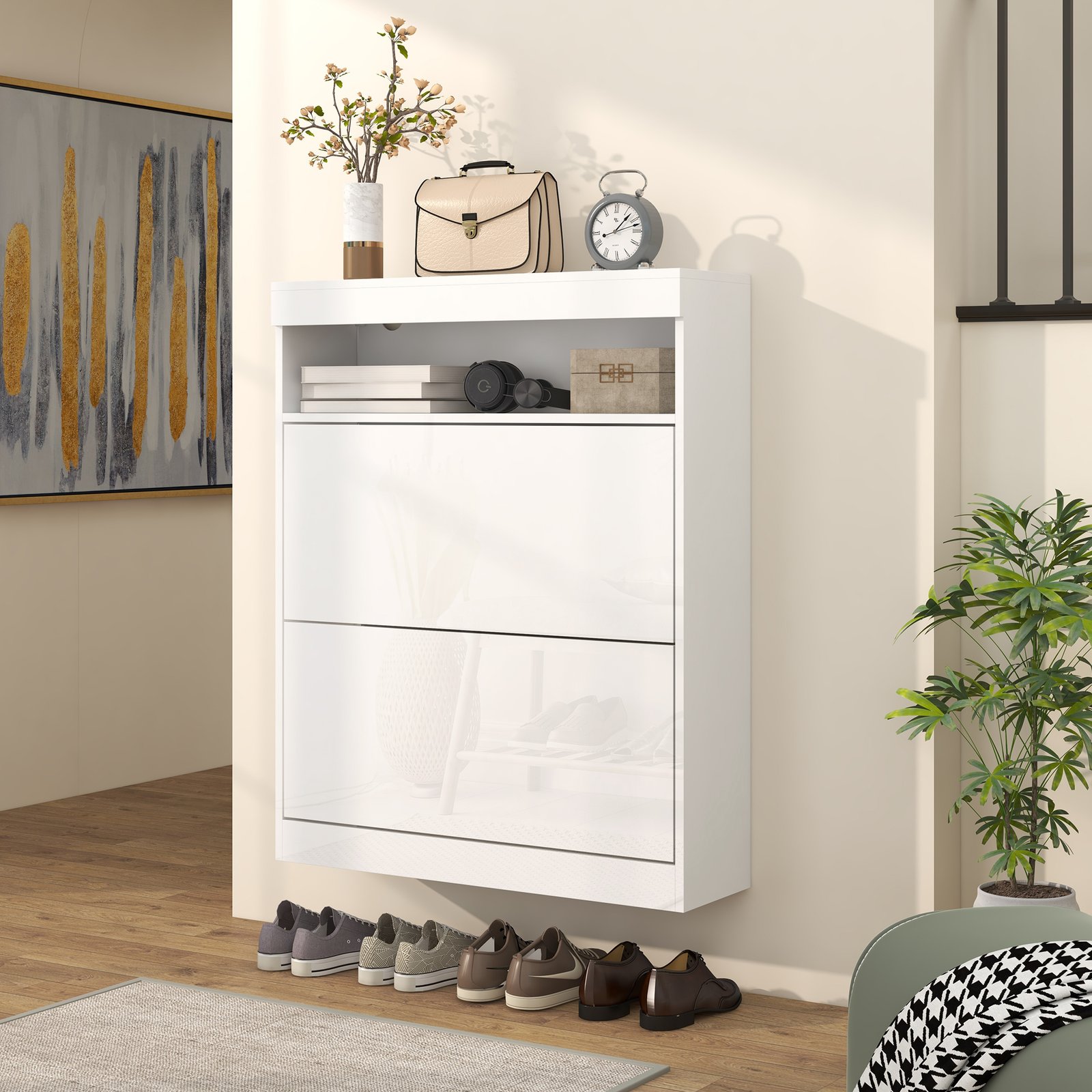 HOMCOM 16 Shoe Pair Storage Cabinet, with Flip Doors - High Gloss White - Image 7