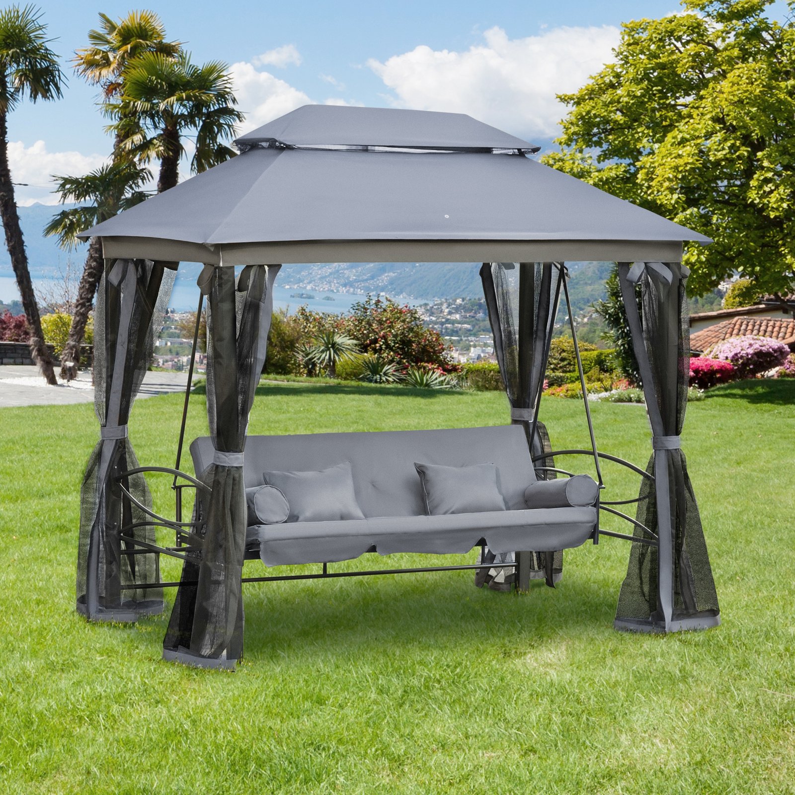 Outsunny 3 Seater Swing Chair 3-in-1 Convertible Garden Swing Seat Bed Gazebo Patio Bench Outdoor with Double Tier Canopy, Cushioned Seat, Mesh Sidewalls, Grey - Image 3