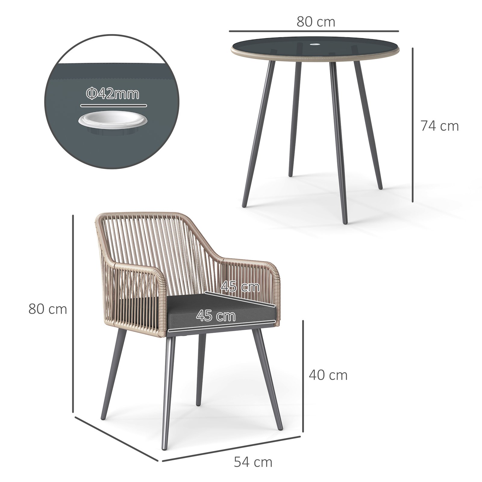 Outsunny 4 Seater Rattan Dining Set, Rattan Garden Furniture Set with Parasol Hole, Outdoor Dining Table and Chairs Set with Cushions, Round Glass Top Table for Patio, Balcony, Light Brown - Image 3