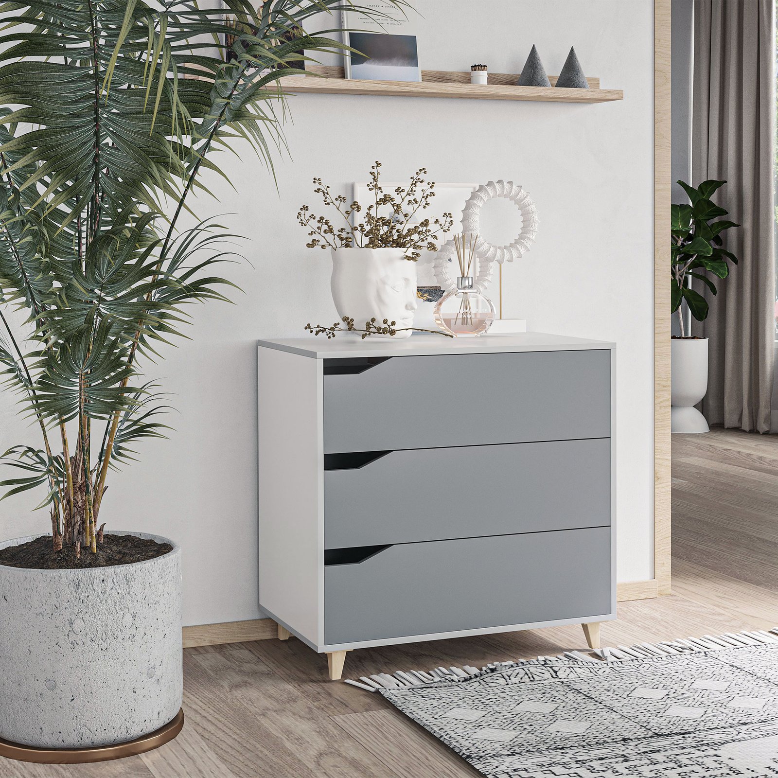 HOMCOM Drawer Chest, 3-Drawer Storage Cabinet Unit with Pine Wood Legs for Bedroom, Living Room, 75cmx42cmx75cm, Grey - Image 2