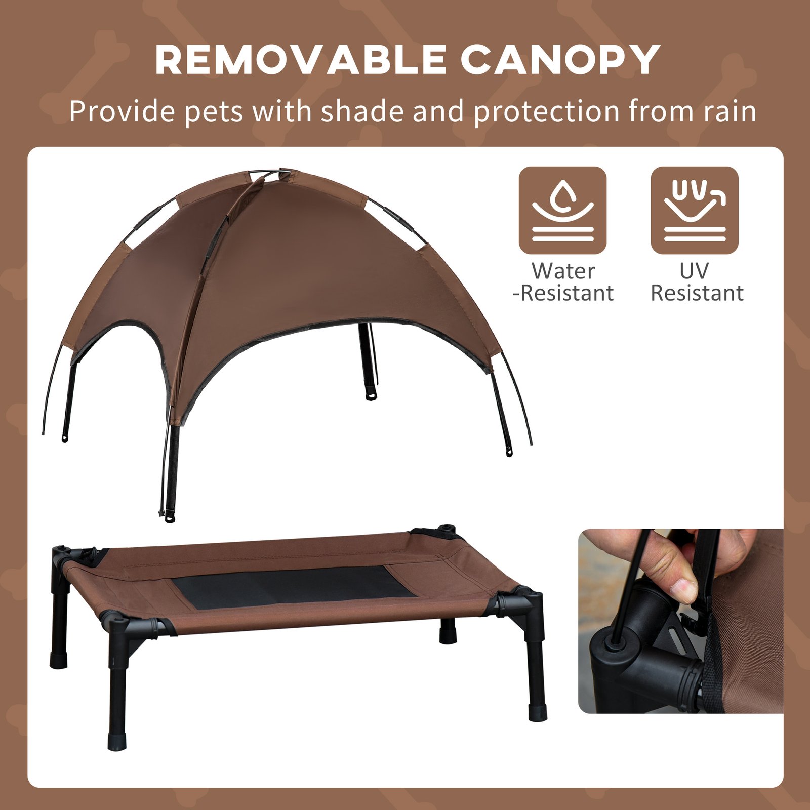 PawHut Outdoor Dog Bed with Removable Canopy, Portable Raised Dog Bed for Camping, Garden & Beach, Water-Resistant UV-Protection Mesh Pet Cot Sun Lounger, for Medium Pets, 76 x 61 x 73 cm, Brown - Image 6