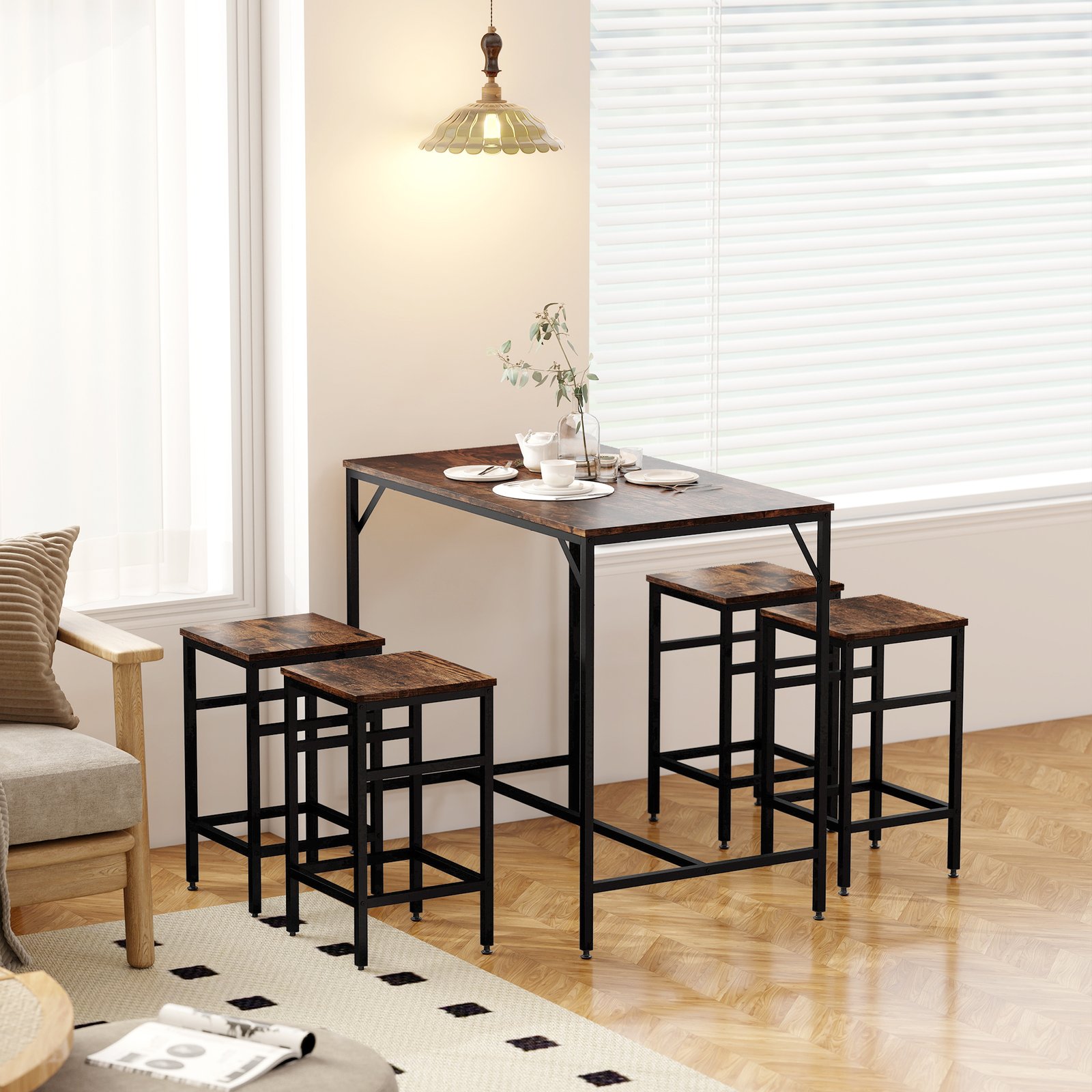 HOMCOM 5-Piece Breakfast Bar Table and Stools Set, Kitchen Bar Table Set with High Table and 4 Stools, Space Saving Compact Dining Furniture for Small Spaces, Rustic Brown - Image 9
