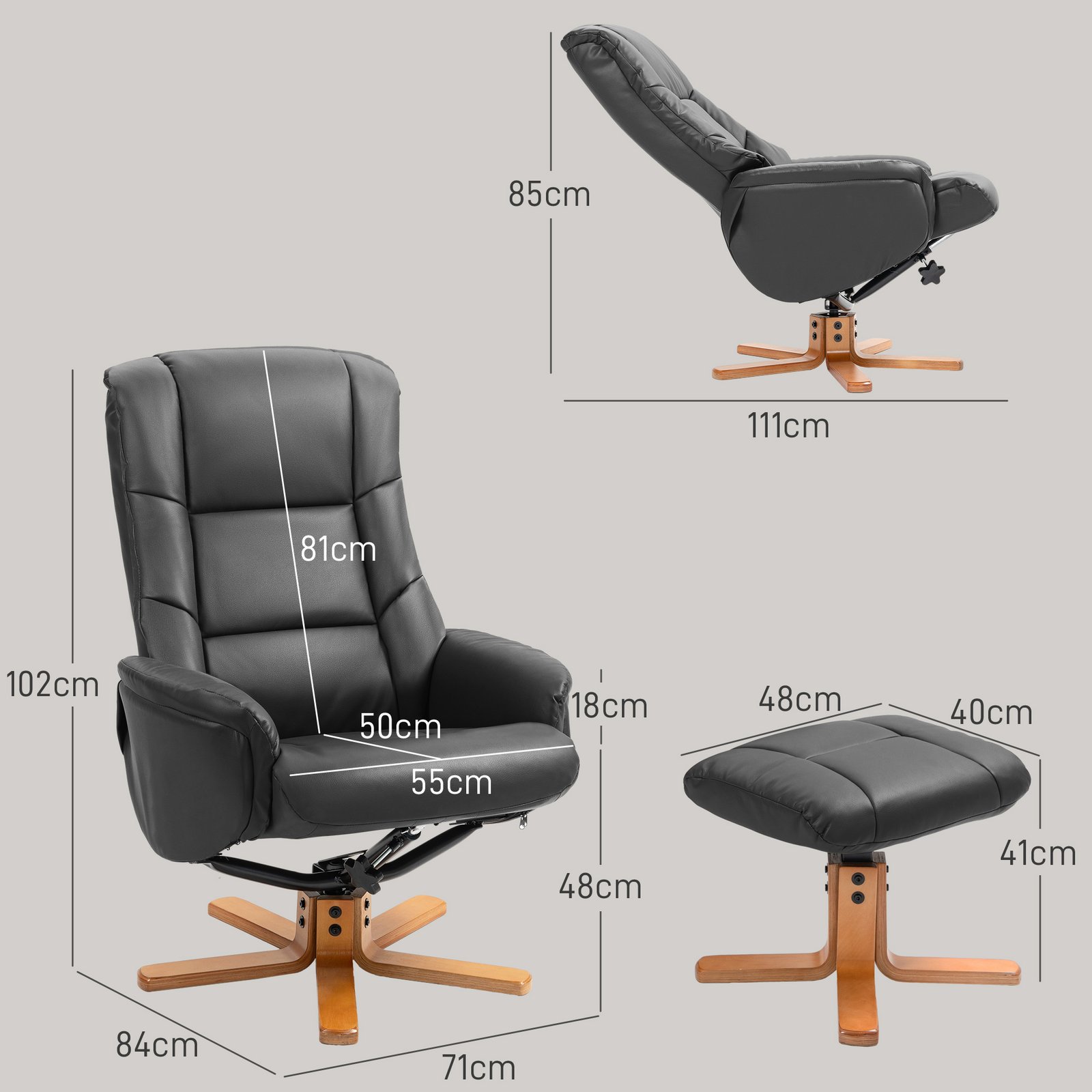 HOMCOM Rocking Recliner Chair with Footstool, PU Leather Recliner Armchair with Wood Base, Upholstered Reclining Chair for Living Room Bedroom, Black - Image 3