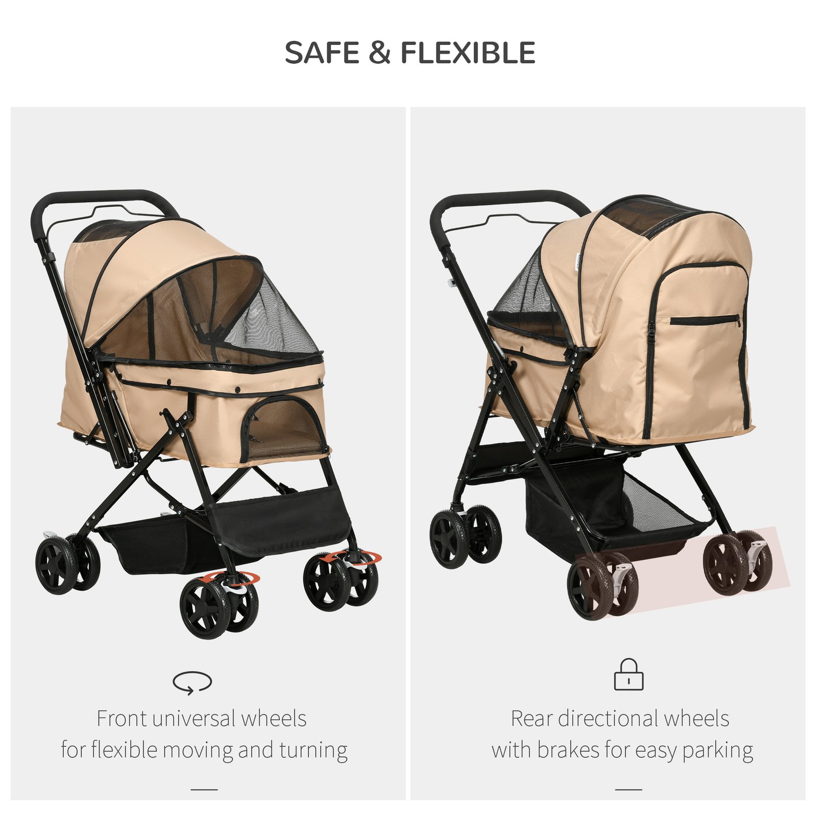 PawHut Pet Stroller Pushchair Foldable Travel Dog Cat Carriage w/ Reversible Handle Brake Basket - Image 9