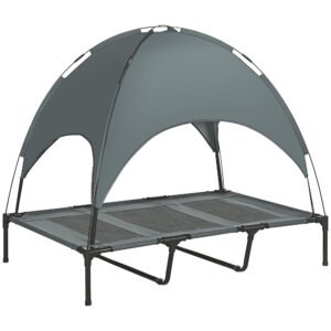 PawHut Outdoor Dog Bed with Removable Canopy, Portable Raised Dog Bed for Camping, Garden & Beach, Water-Resistant UV-Protection Mesh Pet Cot Sun Lounger, for XL Pets, 122 x 92 x 108 cm, Grey