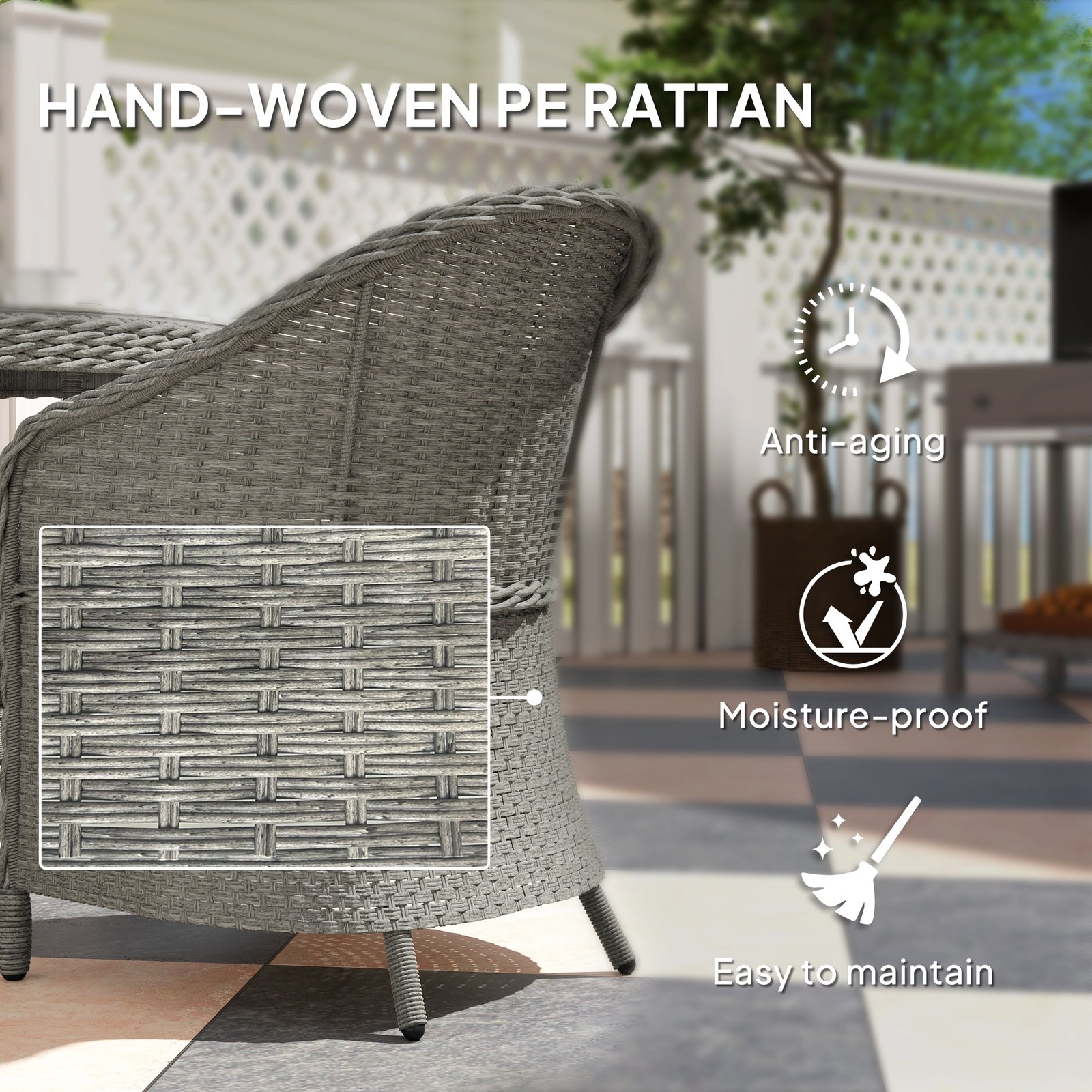 Outsunny 4 Seater Rattan Garden Furniture Set with Cushions, Round PE Rattan Dining Set with Glass-Top Table, Umbrella Hole, Outdoor Garden Table and Chairs, Grey - Image 6