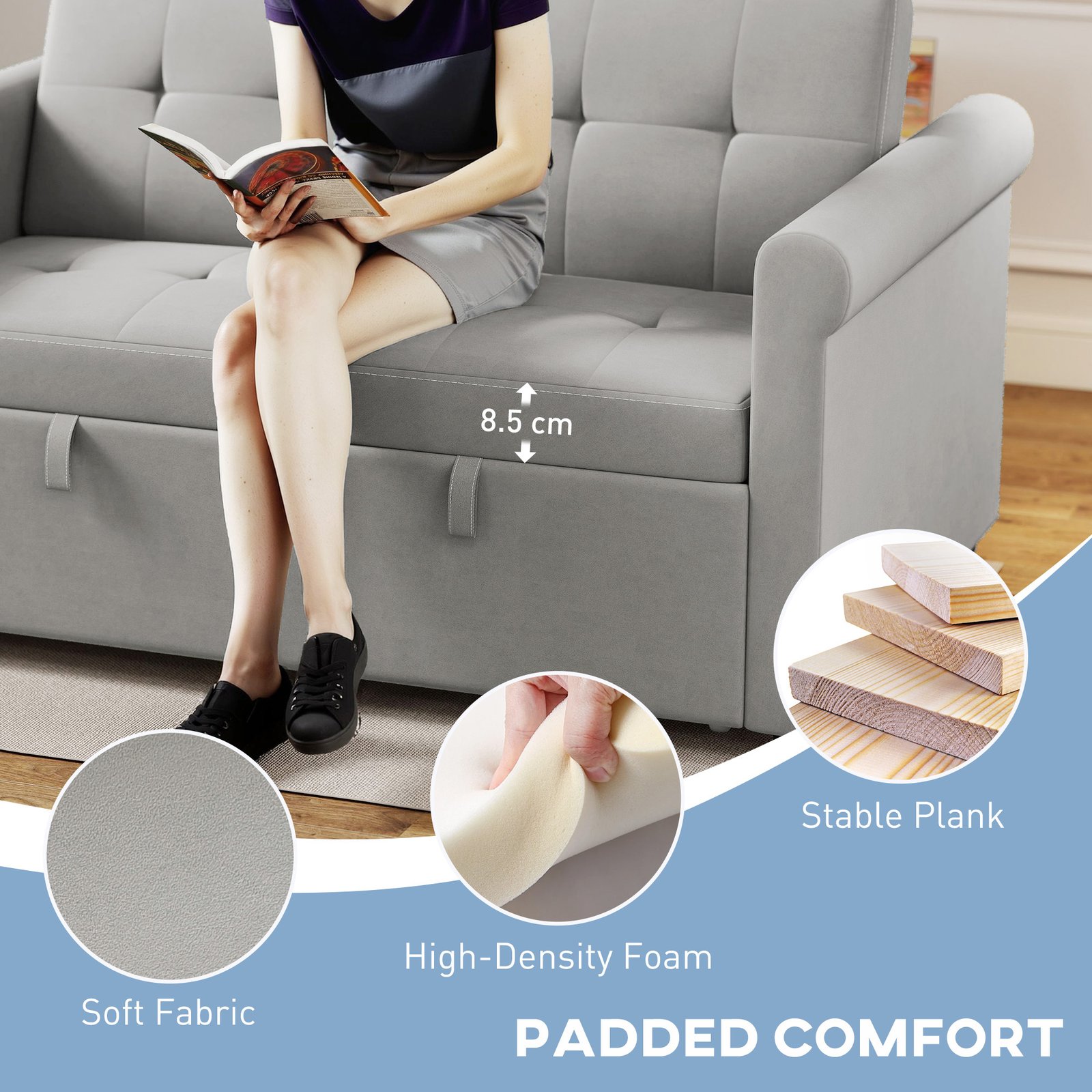 HOMCOM Two-Seater Velvet-Feel Sofa Bed - Grey - Image 6