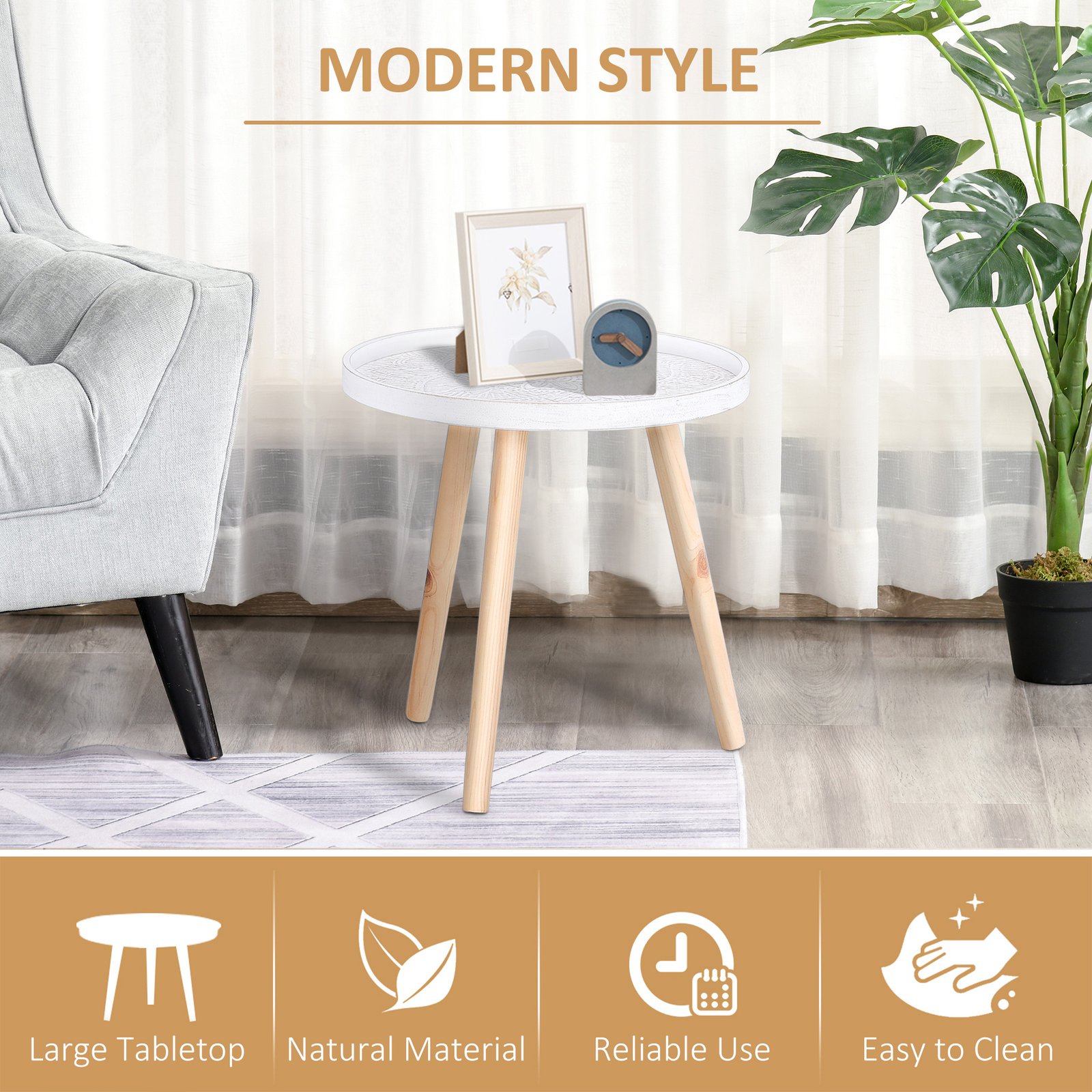 HOMCOM Coffee Table, Carved Floral Round Table with Tray-style Top and Wood Legs, Modern Side Table for Living Room, Set of 2, White - Image 4