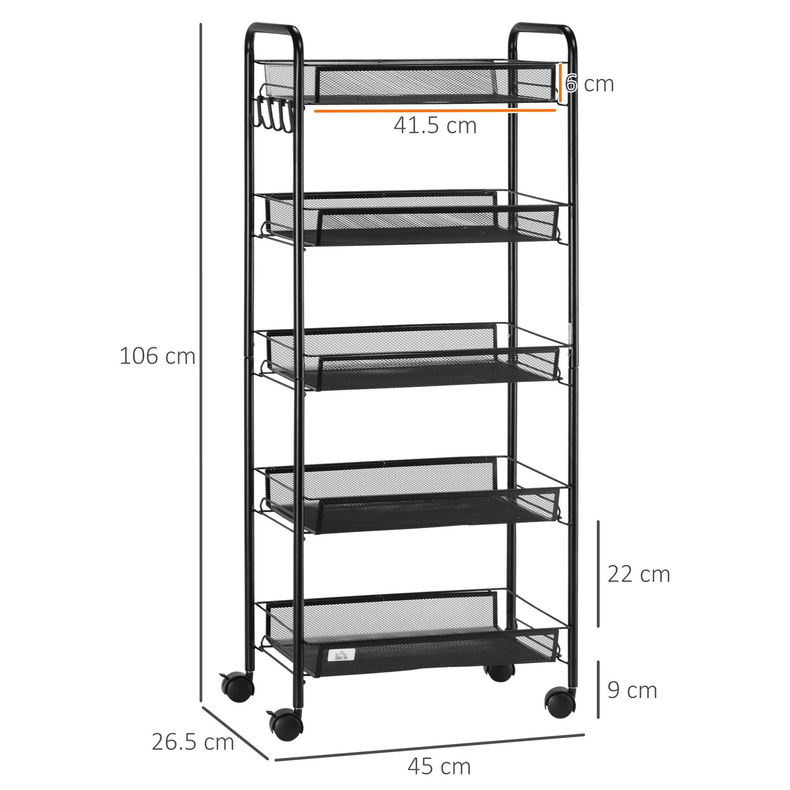 HOMCOM Five-Steel Mesh Basket Storage Trolley, with Wheels - Black - Image 3