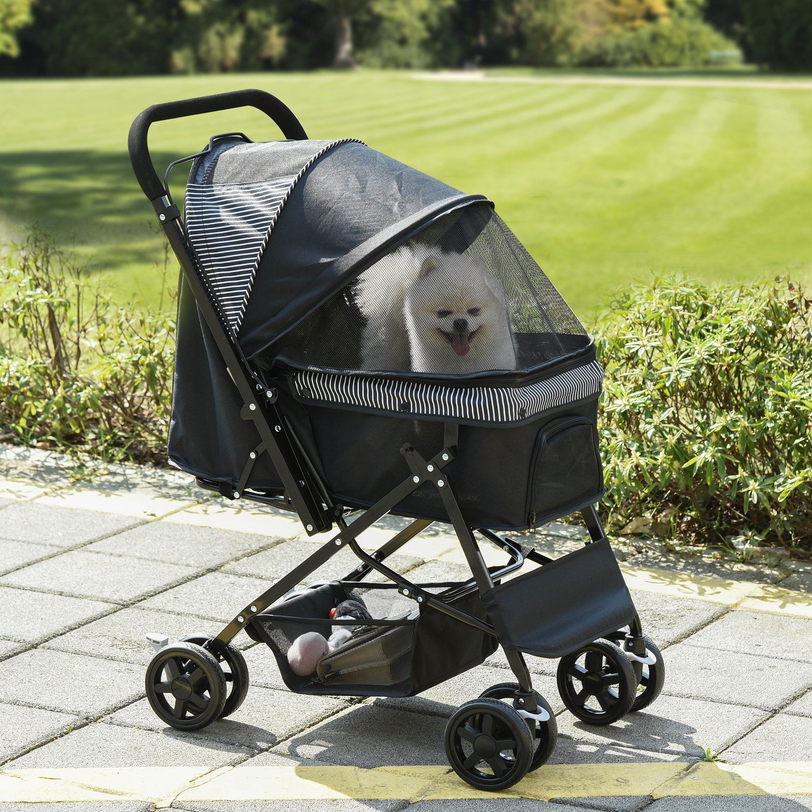 PawHut Pet Stroller Pushchair Foldable Travel Dog Cat Carriage w/ Reversible Handle Brake Basket - Image 2