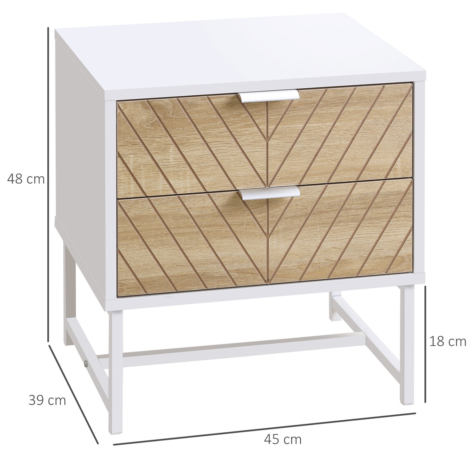 HOMCOM Modern Bedside Table with 2 Drawers and Metal Frame, Sofa Side Table for Bedroom Living Room, Set of 2, White and Oak - Image 3