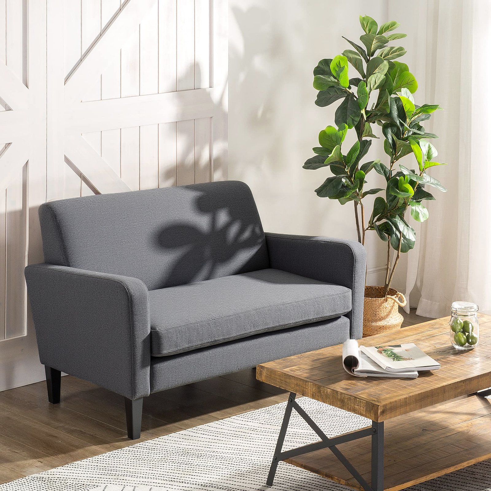HOMCOM Linen Modern-Curved 2-Seat Sofa Loveseat w/ Thick Cushion Wood Legs Foot Pads Single Compact Home Furniture Grey - Image 2