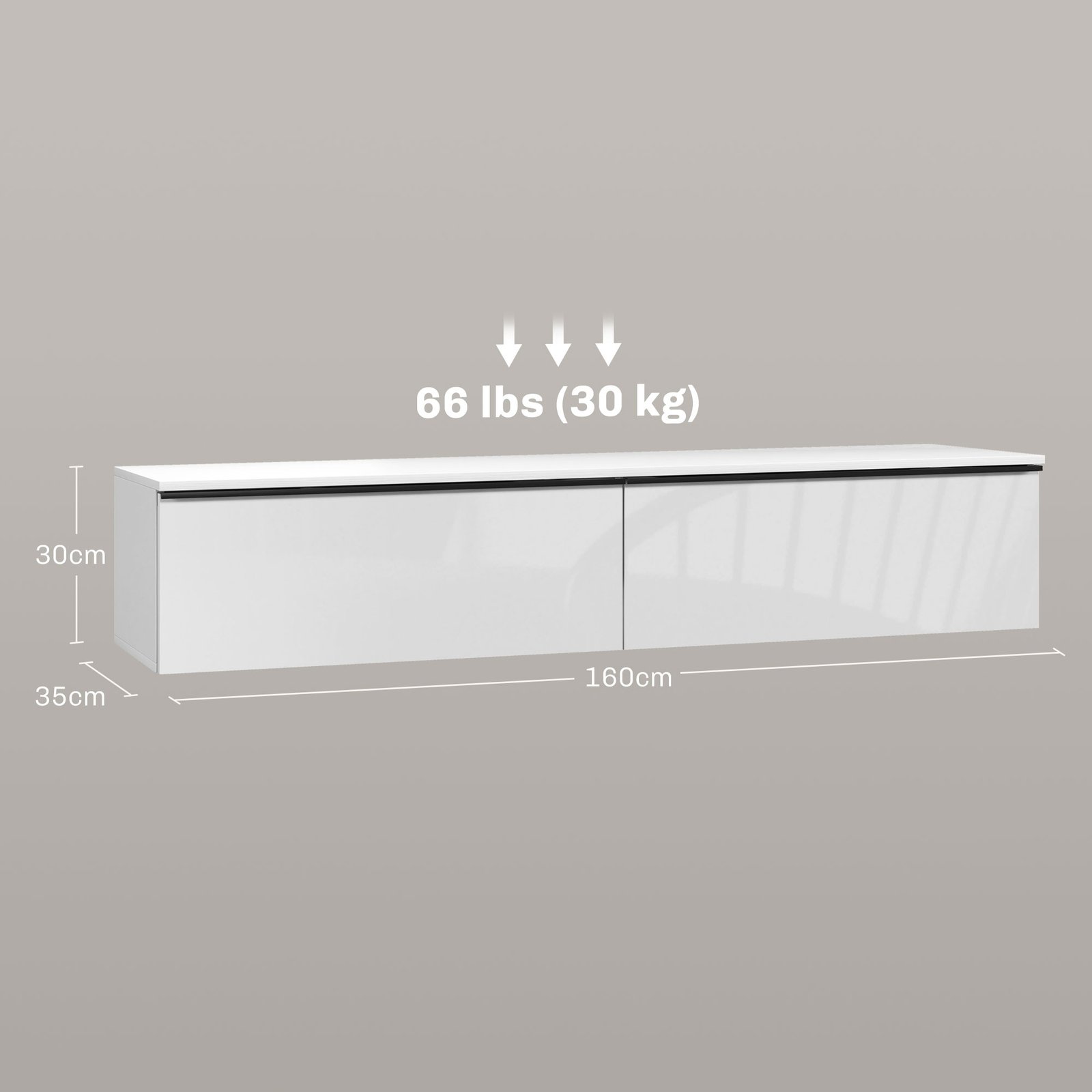 HOMCOM 160cm High Gloss Floating TV Unit Stand for TVs up to 70", Wall Mounted TV Cabinet with Storage Cupboards, White - Image 3