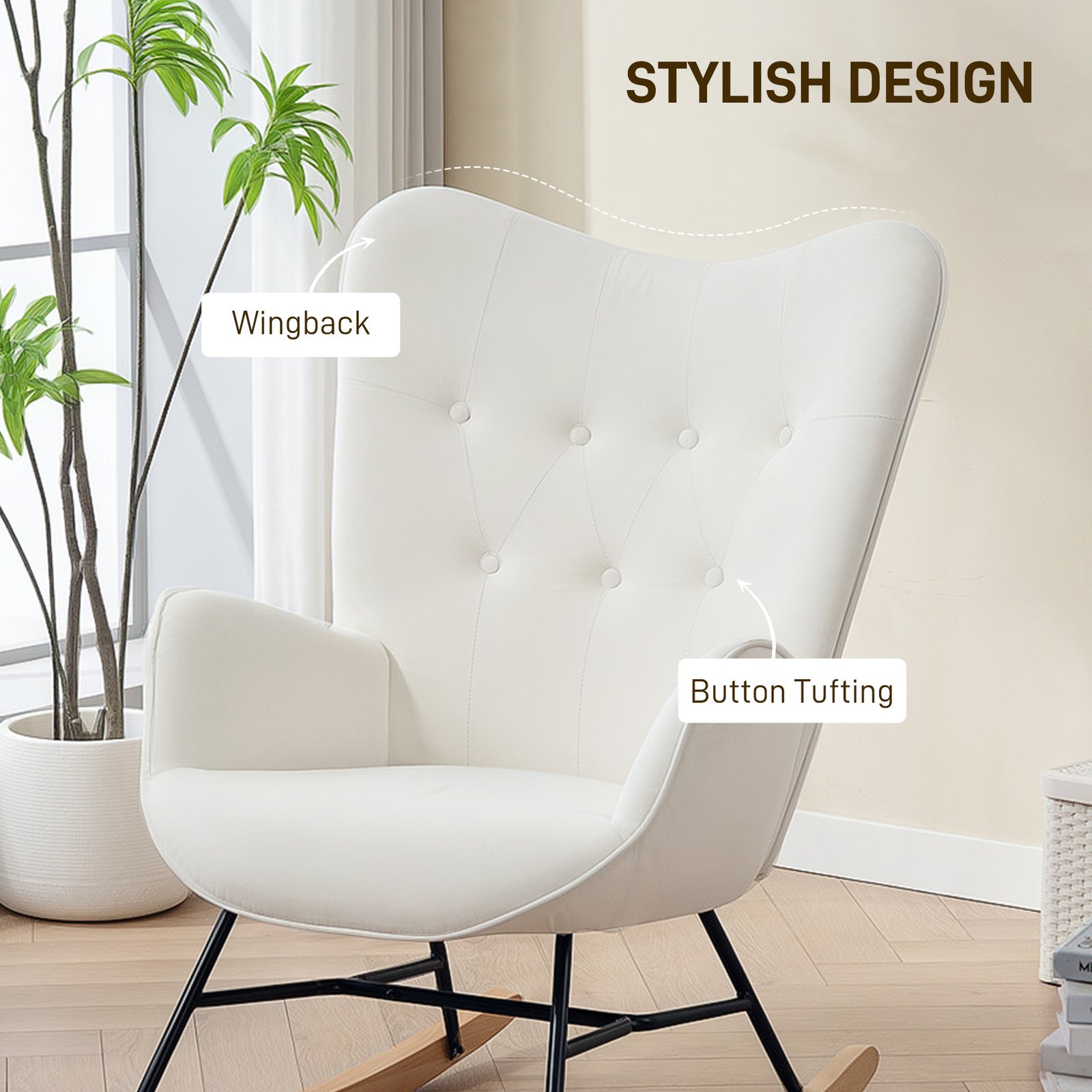 HOMCOM Rocking Chair, Modern Upholstered Velvet Armchair with Solid Wood Legs and Metal Frame for Living Room, Bedroom, Cream - Image 6