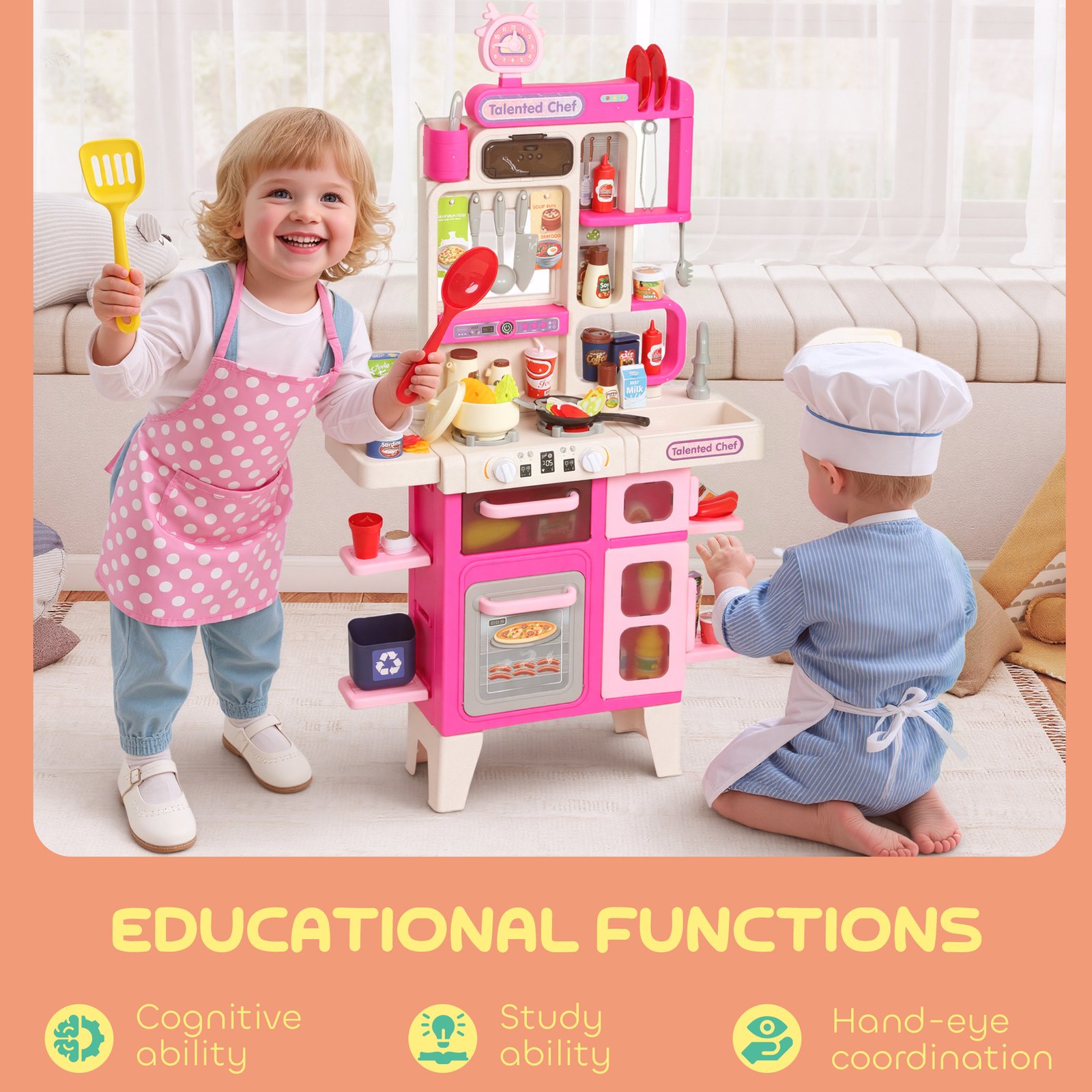 AIYAPLAY Pretend Play Kitchen Set with Realistic Lights & Sounds, 104PCS Toy Kitchen Accessories for Boys and Girls, Pink - Image 8
