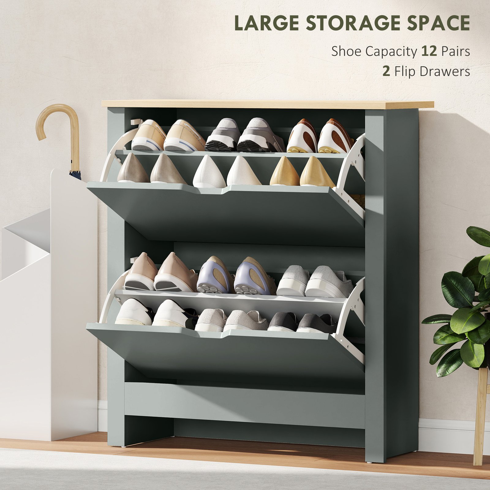 HOMCOM Slim Shoe Cabinet, Narrow Shoe Cupboard with 2 Flip Drawers, Adjustable Shelves for 12 Pairs of Shoes, Light Grey - Image 4