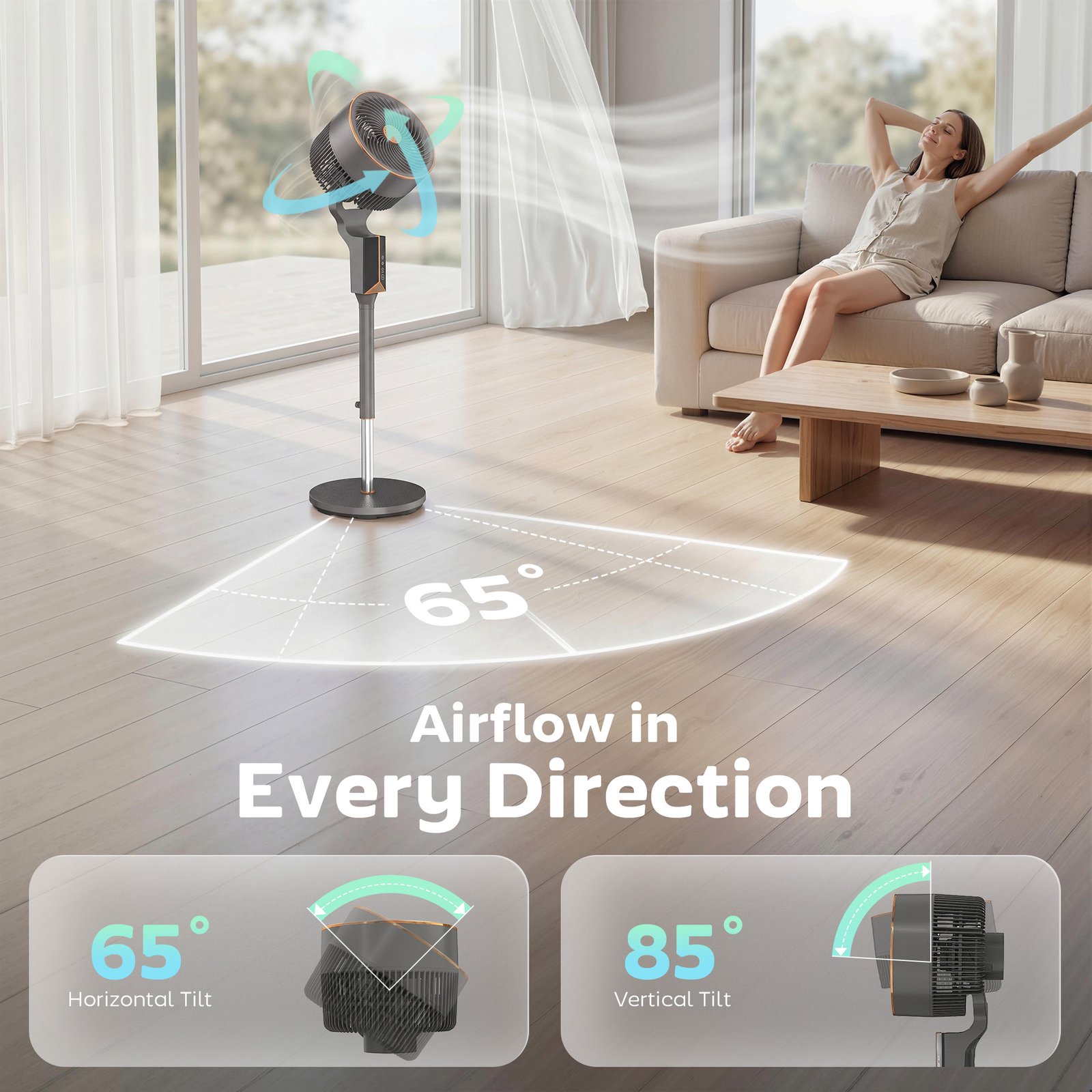 HOMCOM 20 dB Silent Standing Fan for Bedroom, 46" Pedestal Fan with Remote, 85° Oscillating, 8 Speeds - Image 6