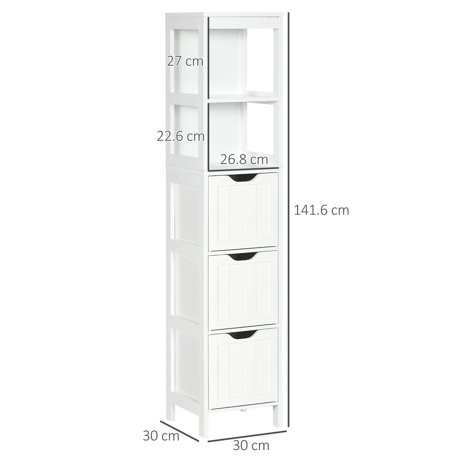 HOMCOM Narrow Floor Cabinet, Bathroom Cabinet with 3 Drawers and 2 Open Shelves, 30W x 30D x 141.6Hcm, White - Image 3