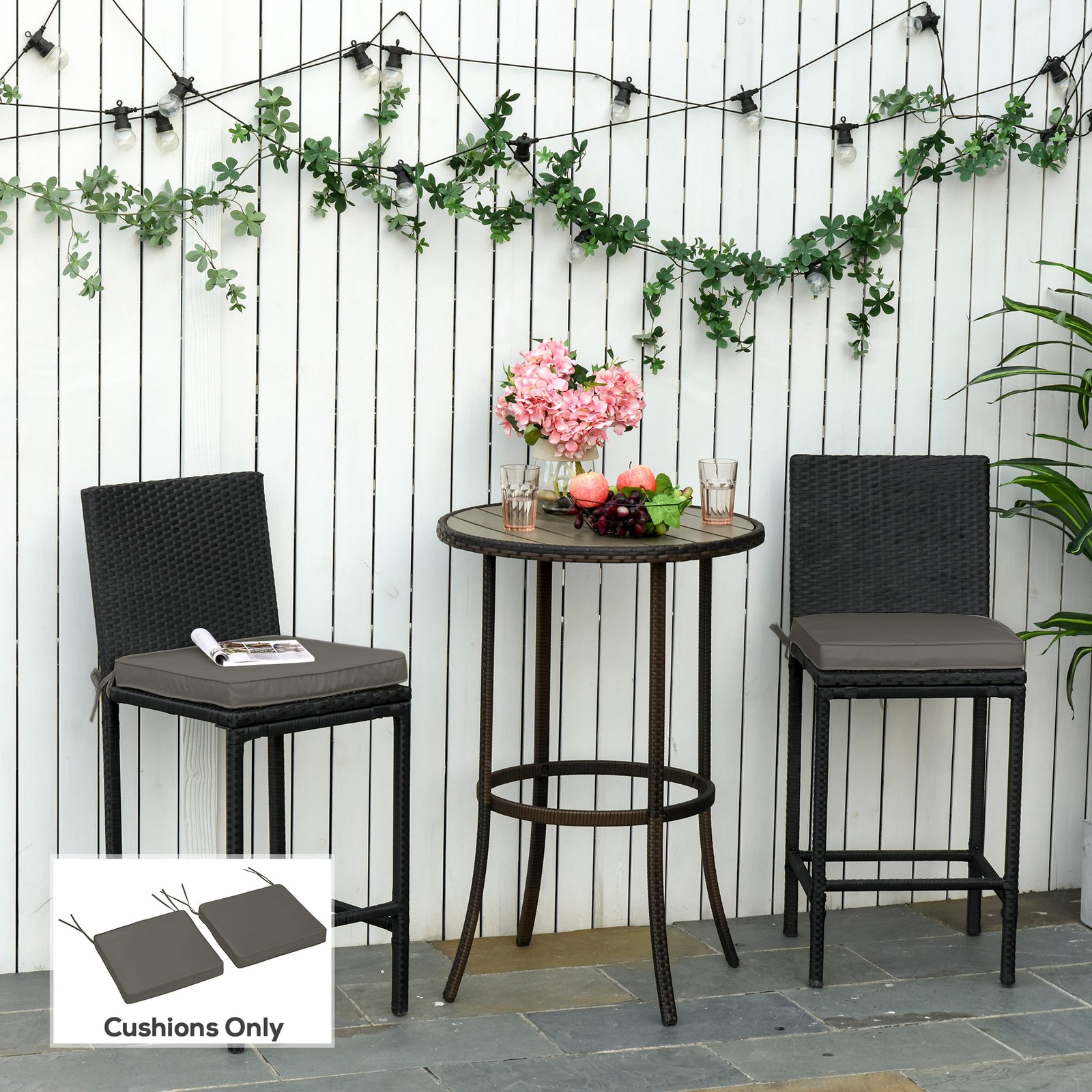 Outsunny Set of 2 Garden Chair Cushions with Ties, 45 x 45 cm Replacement Cushions for Outdoor Furniture, Dark Grey - Image 2