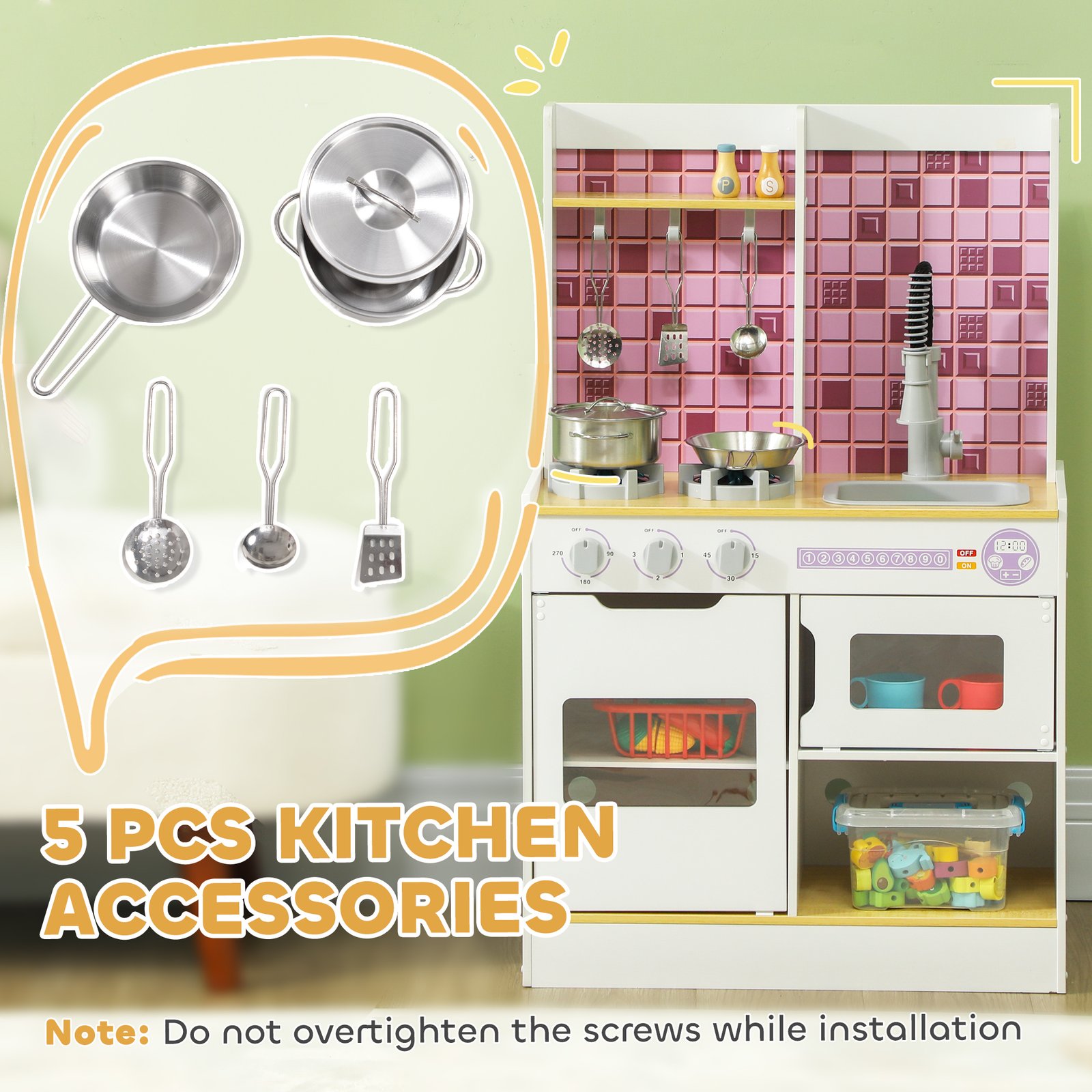 AIYAPLAY Kids Play Kitchen, Pretend Play Kitchen with Realistic Oven, Stove, Sink, Kitchen, Accessories, White - Image 6