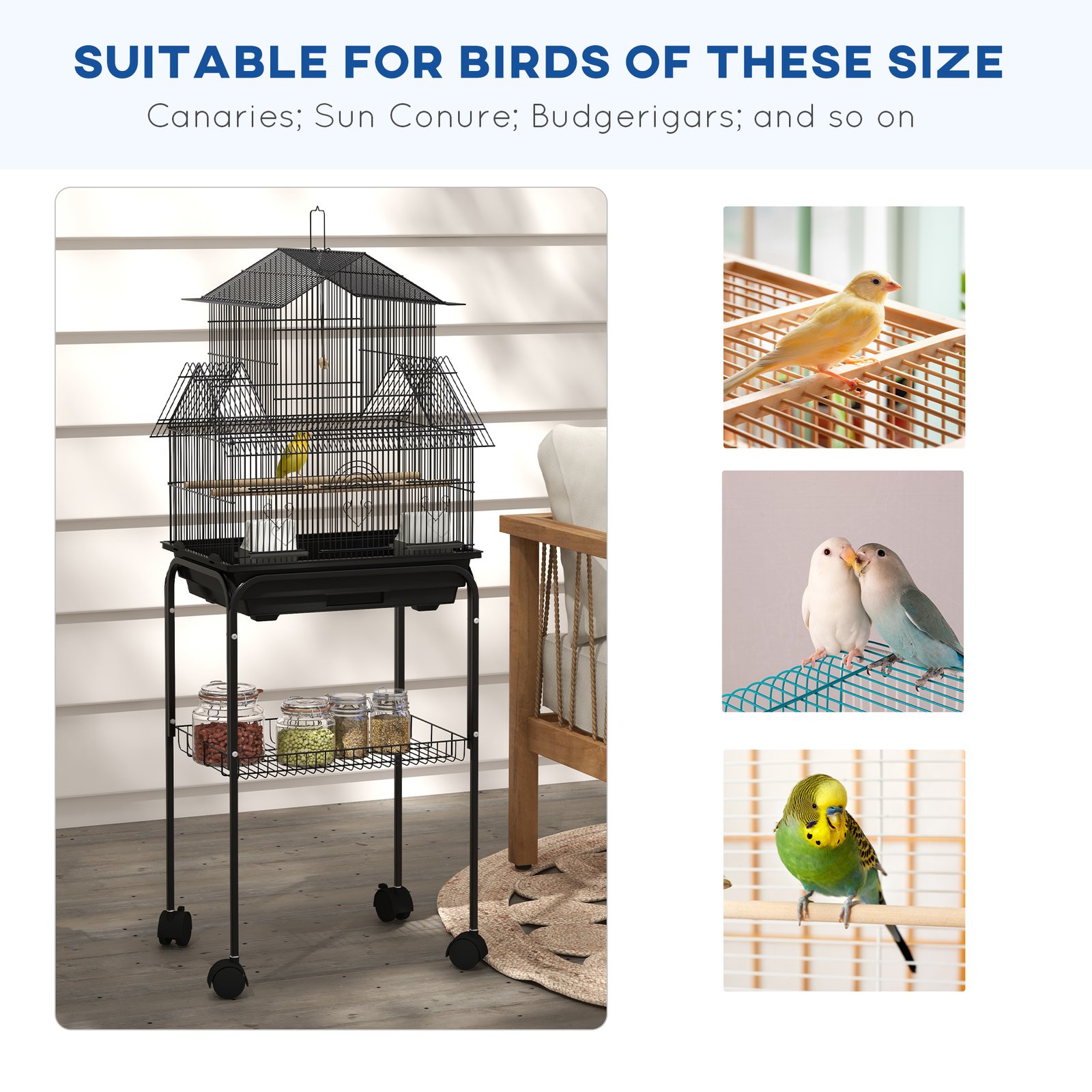 PawHut Metal Bird Cage with Plastic Swing, Perch, Food Container, Tray, Handle, for Finches, Canaries, Budgies, 43.5 x 33 x 121 - Image 7