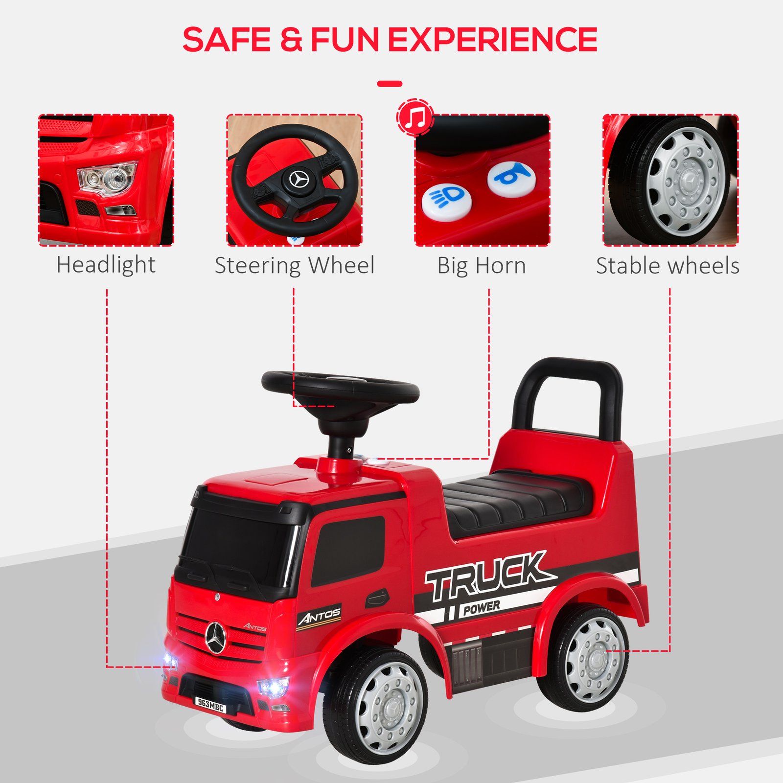 HOMCOM Compatible Kids Ride On Car Truck Mercedes Benz Licensed Toddler Foot To Floor Slider w/Under Seat Storage for 12 - 36 Months Red - Image 7