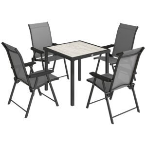 Outsunny 5 Pieces Outdoor Dining Set, Garden Dining Set for 4 with Square Table and Folding Chairs, Grey