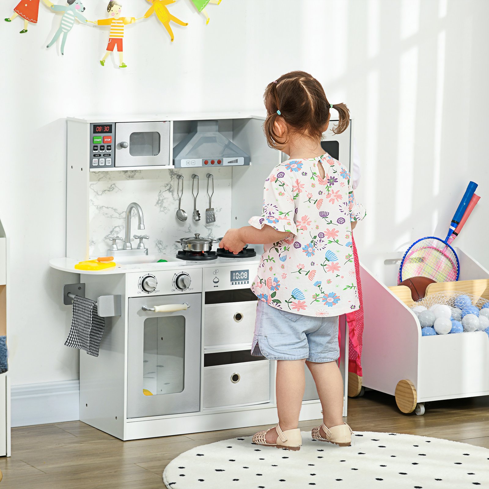 AIYAPLAY Toy Kitchen with Lights, Sounds, Apron and Chef Hat, Ice Maker, Microwave, for Ages 3-6 Years - White - Image 2