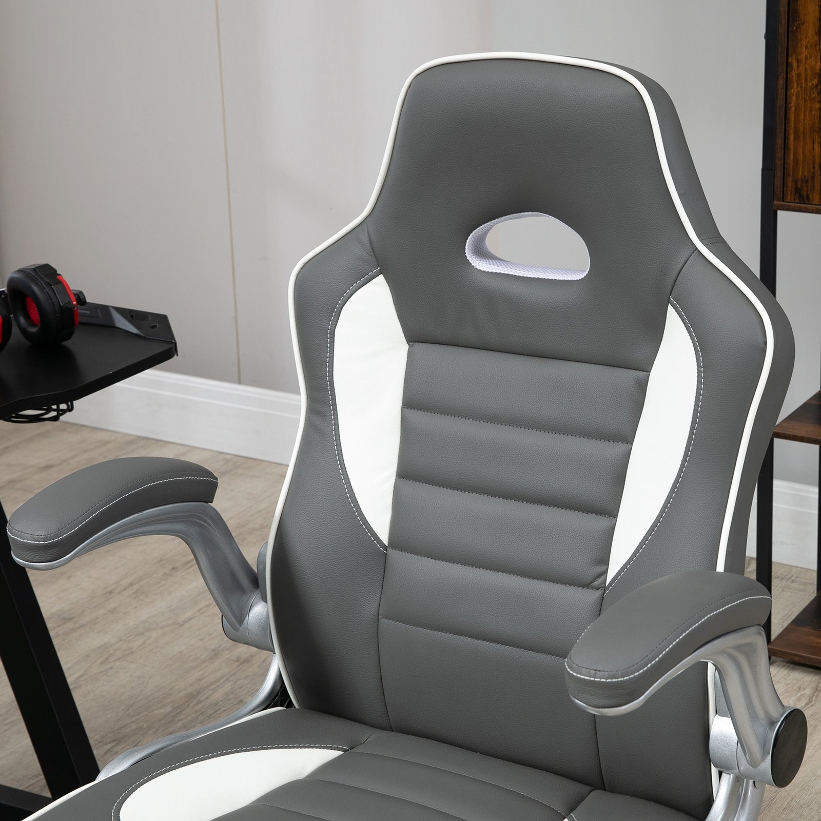 Vinsetto Computer Gaming Chair, Office Desk Swivel Chair, PU Leather Racing Chair with 90° Flip-up Armrest, Adjustable Height and Rolling Wheels, Grey - Image 8
