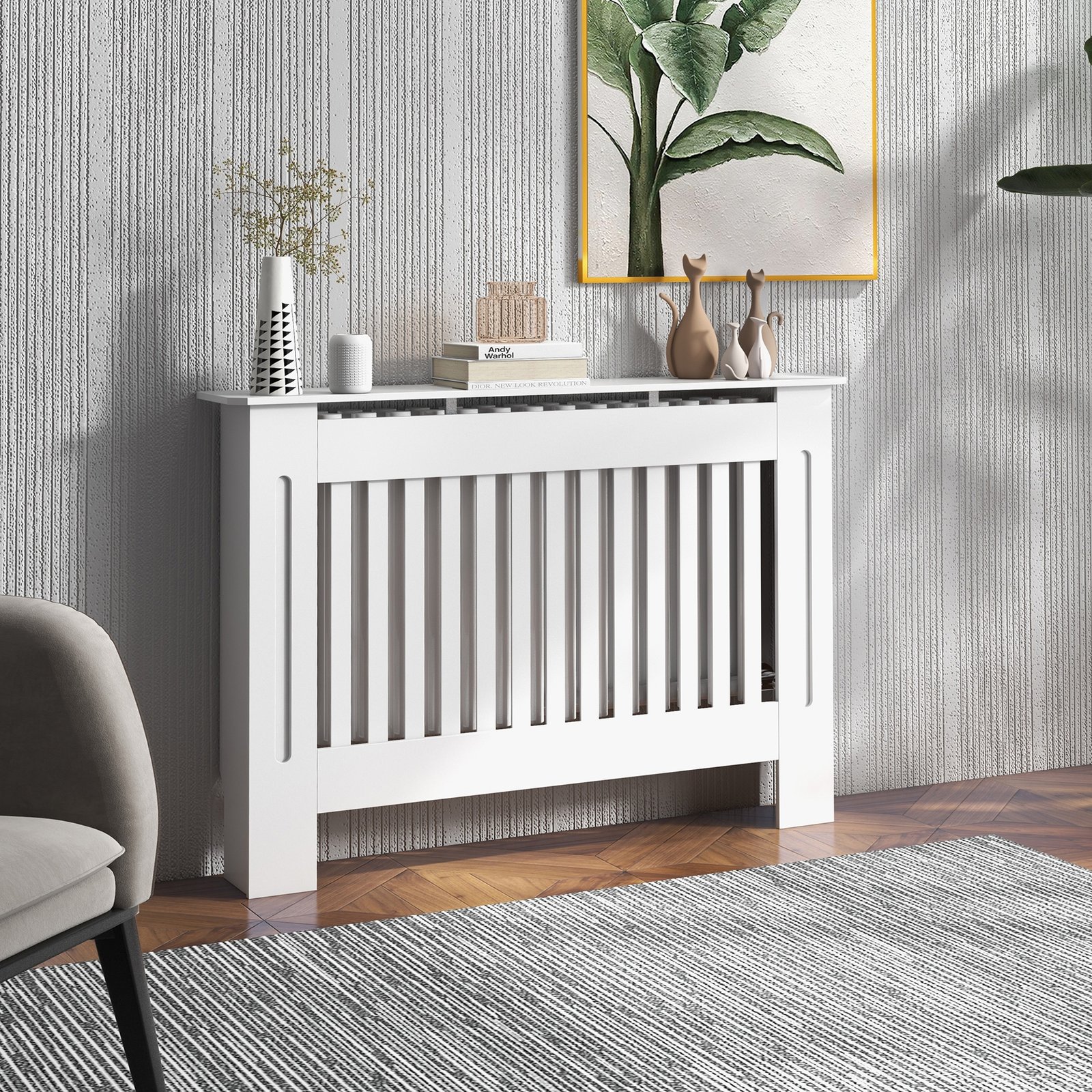 HOMCOM Slatted Radiator Cover Painted Cabinet MDF Lined Grill in White (112L x 19W x 81H cm) - Image 2