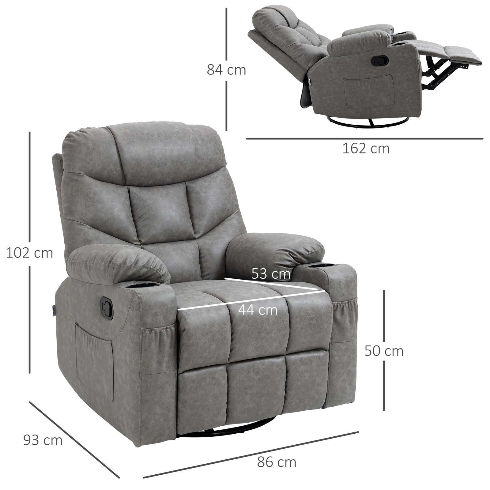 HOMCOM Thick Padded Faux Leather Recliner Armchair - Light Grey - Image 3