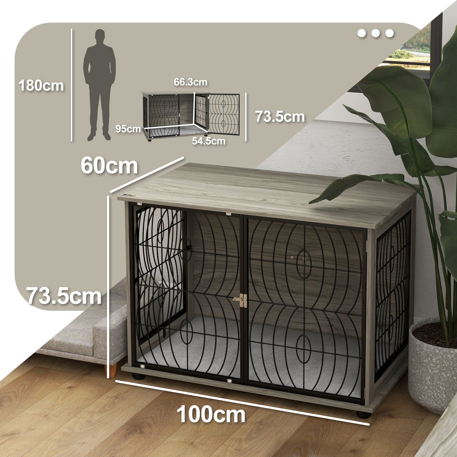 PawHut Dog Crate Furniture End Table w/ Plush Washable Cushion, Lockable Door, for Large Dogs - Image 3