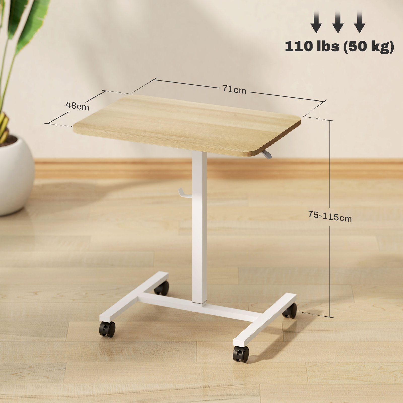 HOMCOM 75-115cm Manual Adjustable Sit-To-Stand Desk - White/Wood-Effect - Image 3