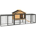 PawHut Wooden Rabbit Hutch Outdoor with Steel Run, Wooden Guinea Pig Cage with Removable Plastic Tray, Asphalt Roof, Ramp