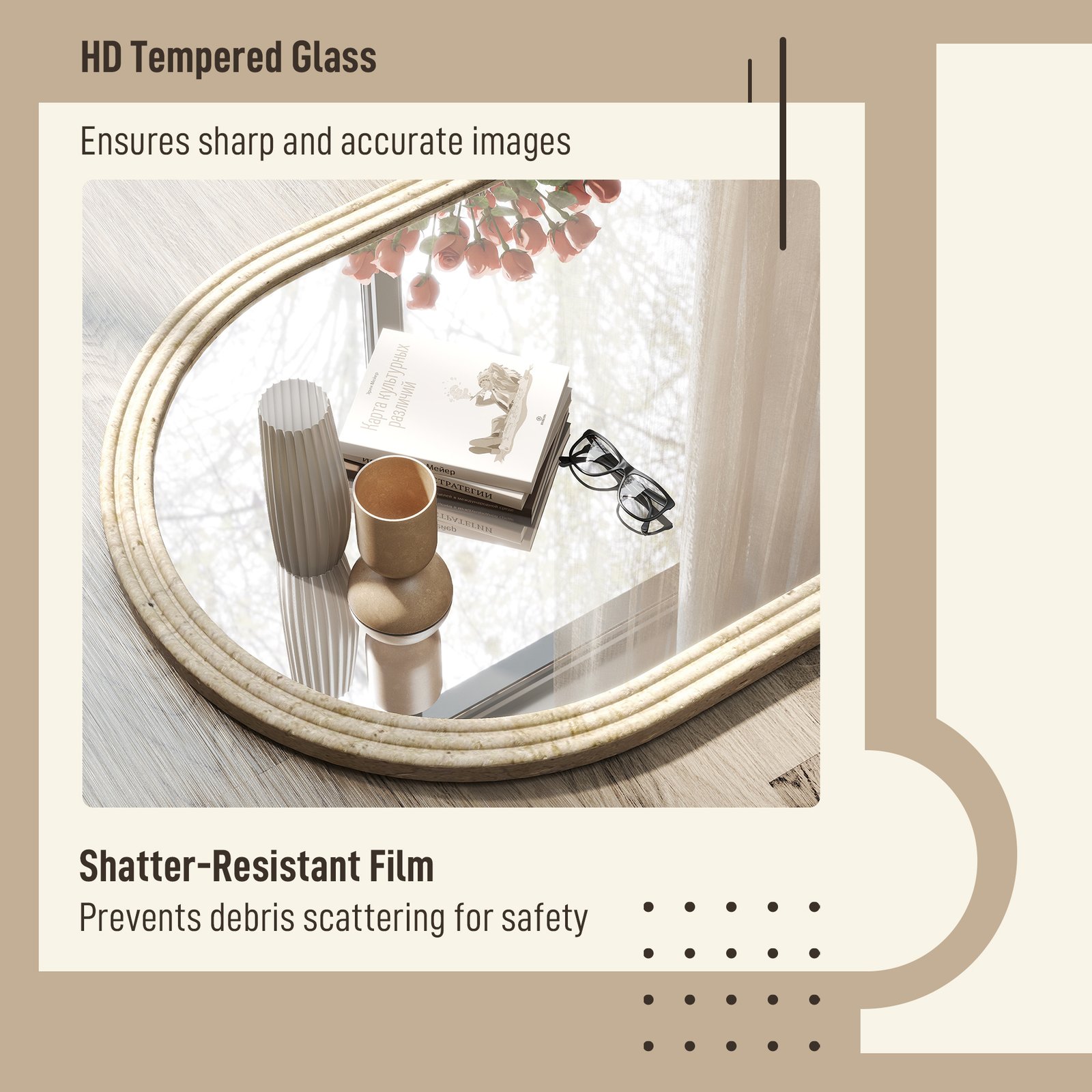HOMCOM Arched Wall Mirror with Grooved Edge & Hooks, Wall-Mounted Mirror, Modern Tempered Glass & Polystyrene Beige - Image 6
