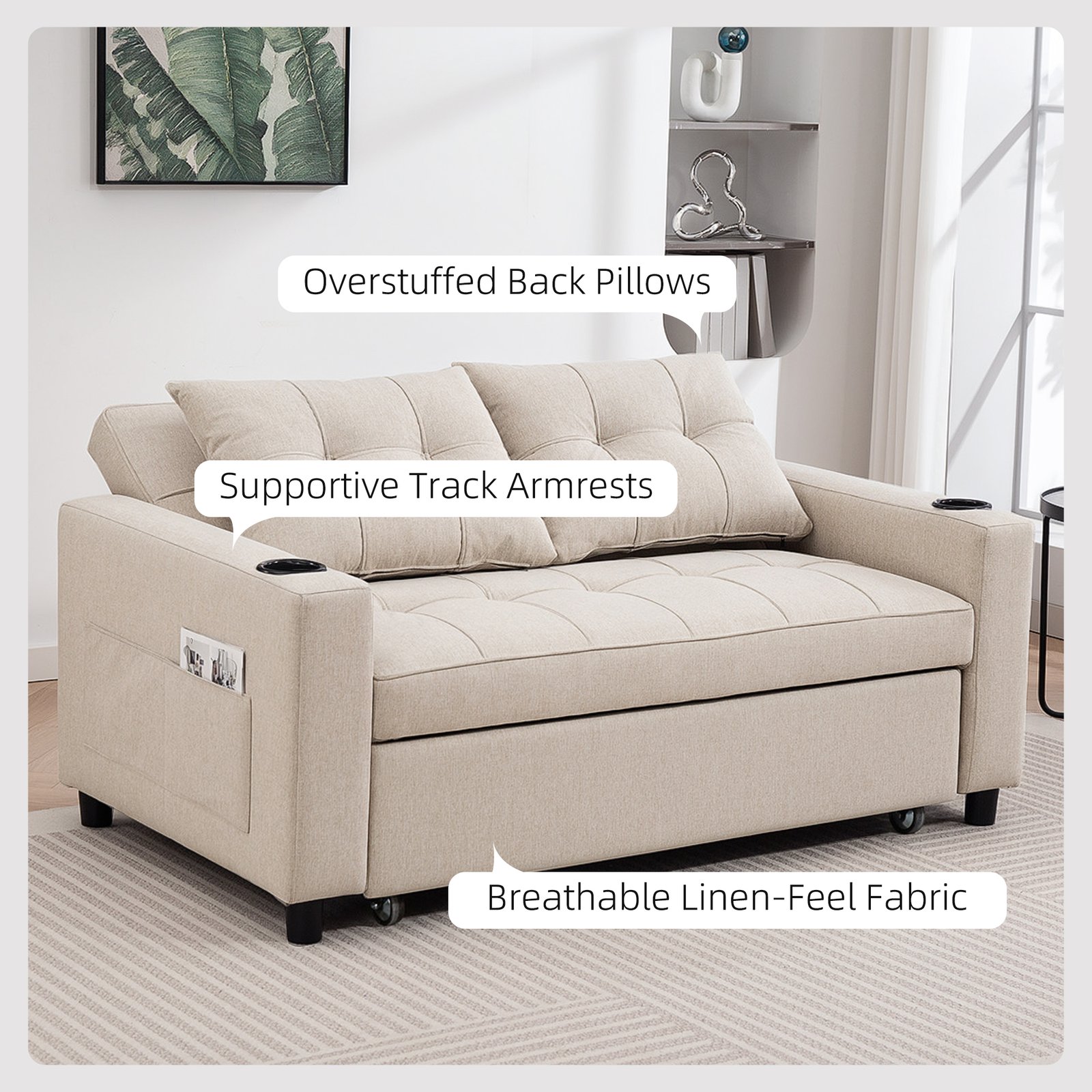 HOMCOM Two-Seater Pull-Out Sofa Bed - Beige - Image 6