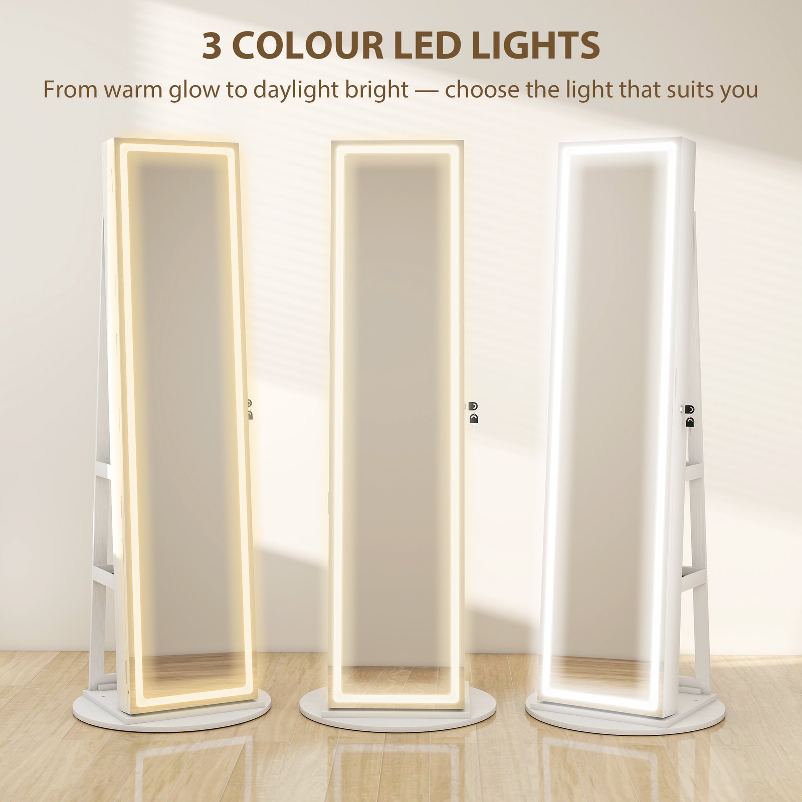 HOMCOM Storage Jewellery Cabinet, with Mirror and Lights - White - Image 6