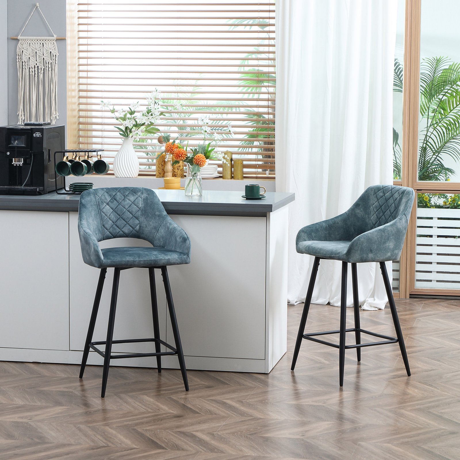 HOMCOM Bar Stools Set of 2, Velvet-Touch Fabric Counter Height Bar Chairs, Kitchen Stools with Steel Legs for Dining Area, Kitchen Island Barstools, Blue - Image 2