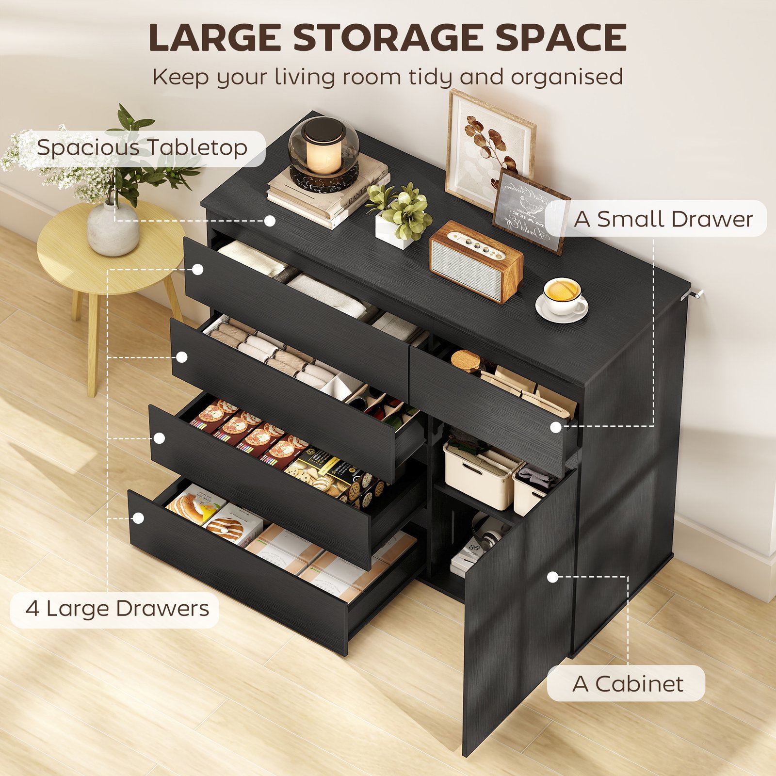 HOMCOM Modern Chest Of Drawers, 5 Drawer Dresser with Adjustable Shelf, Soft-Close Door, Black - Image 4